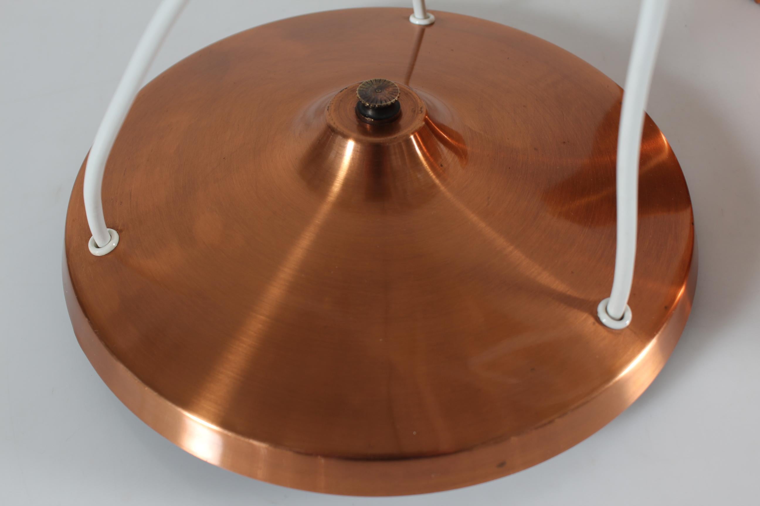 Bent Karlby 3-Cone Copper Chandelier with Canopy. Made by Lyfa in Denmark, 1950s For Sale 8