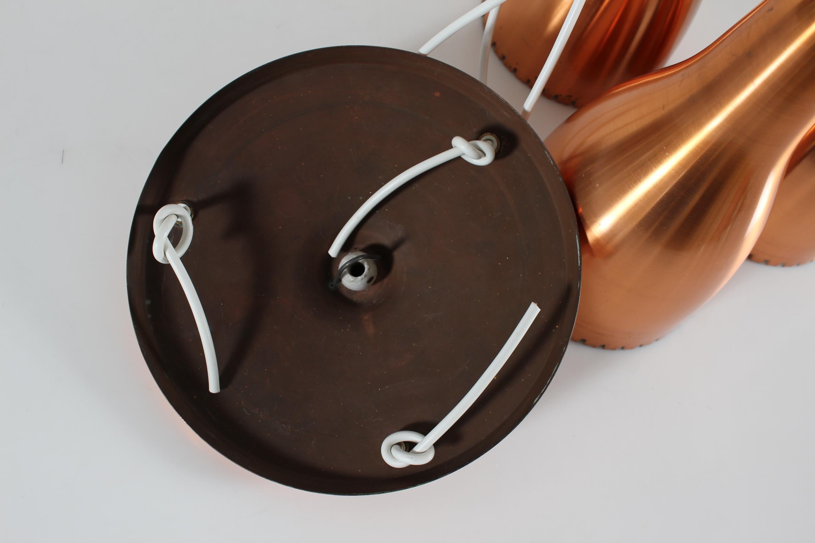 Bent Karlby 3-Cone Copper Chandelier with Canopy. Made by Lyfa in Denmark, 1950s For Sale 9