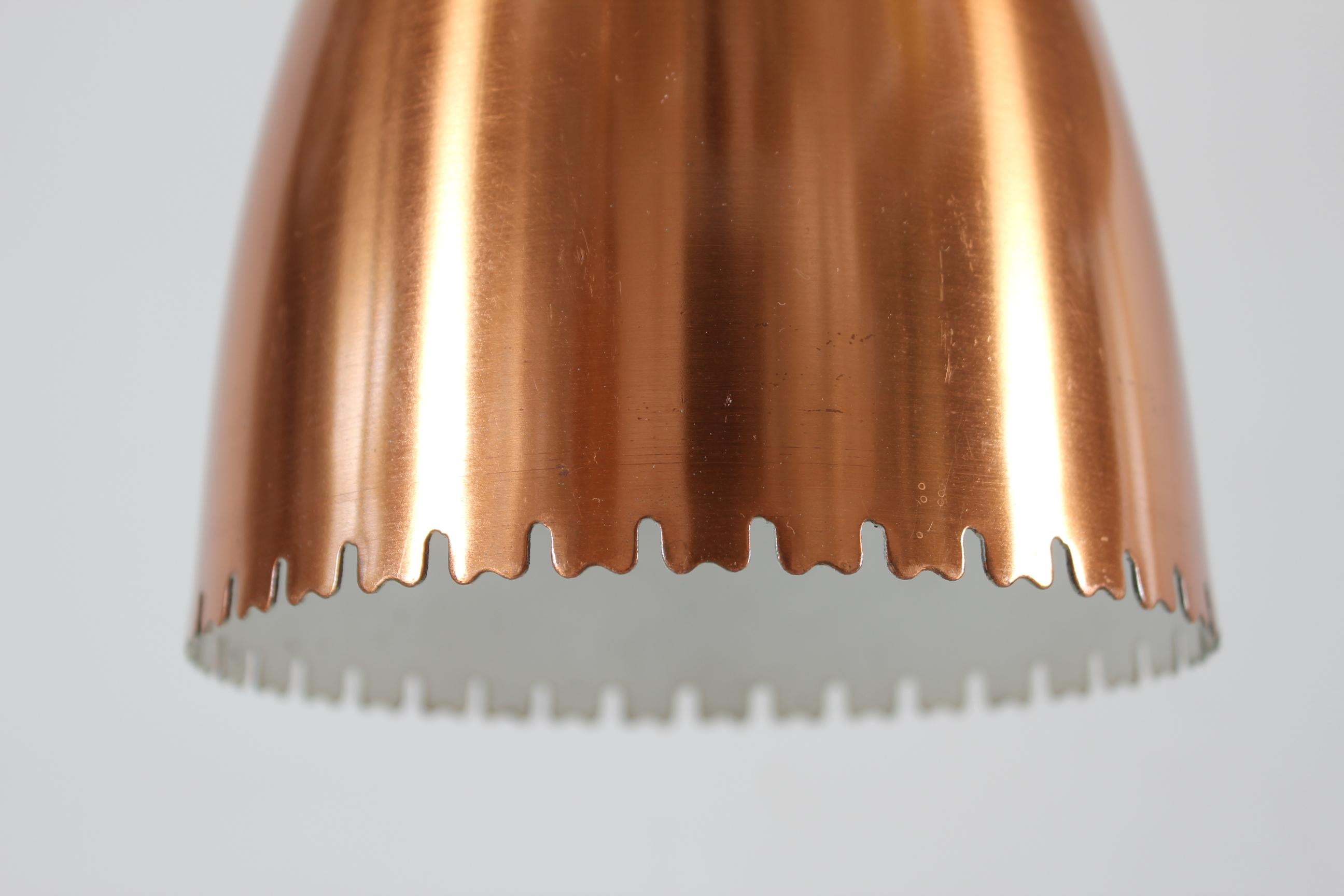 Mid-Century Modern Bent Karlby 3-Cone Copper Chandelier with Canopy. Made by Lyfa in Denmark, 1950s For Sale