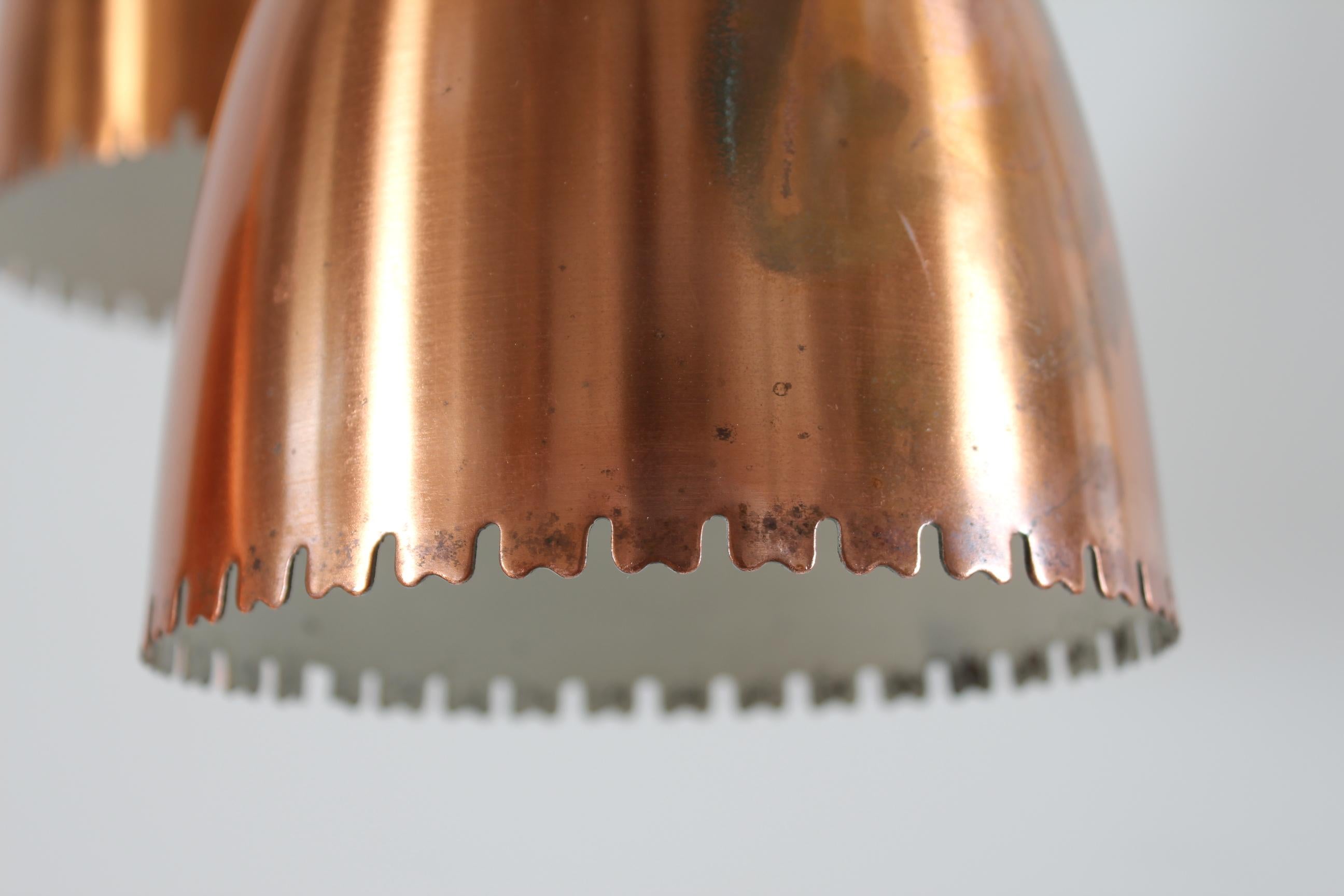 Danish Bent Karlby 3-Cone Copper Chandelier with Canopy. Made by Lyfa in Denmark, 1950s For Sale