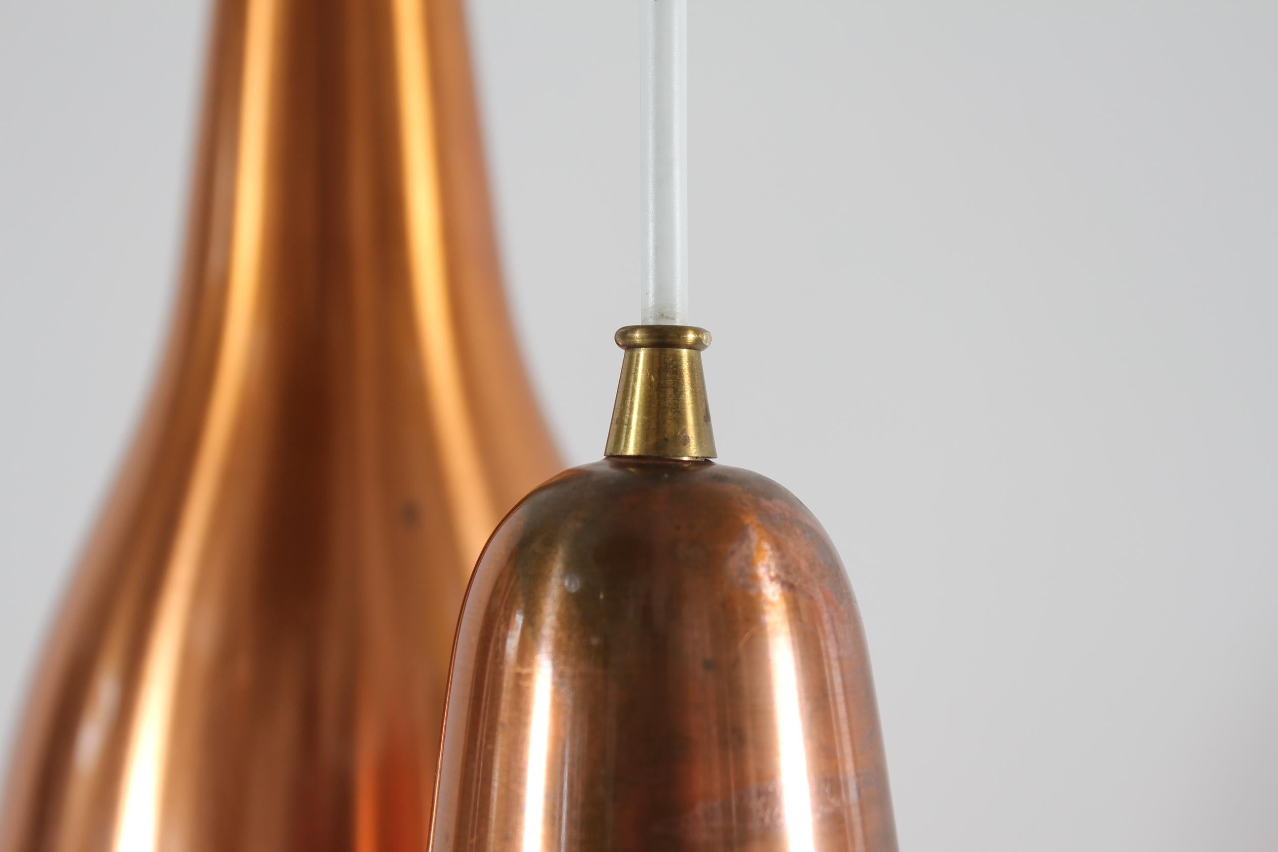 Lacquered Bent Karlby 3-Cone Copper Chandelier with Canopy. Made by Lyfa in Denmark, 1950s For Sale