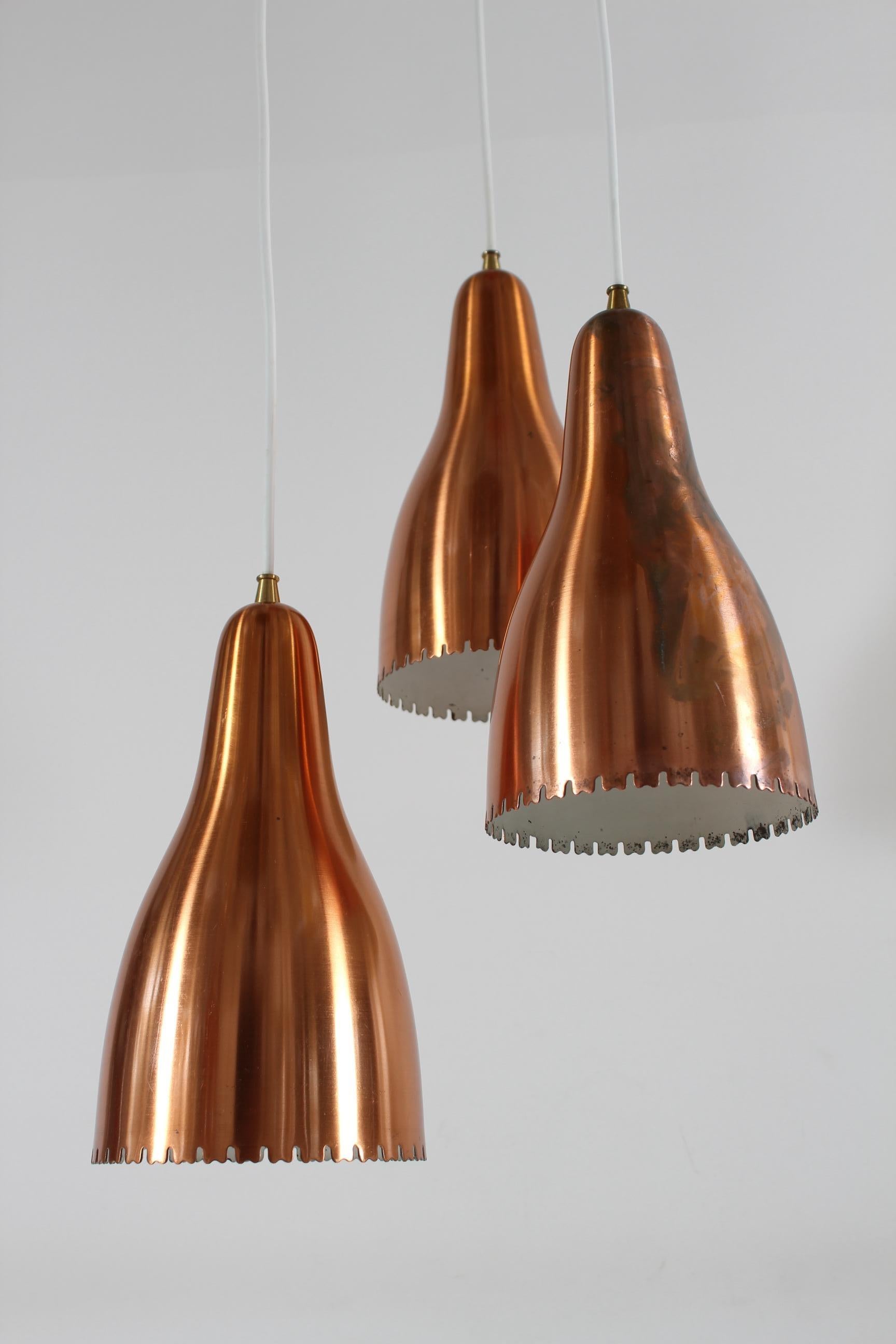 Bent Karlby 3-Cone Copper Chandelier with Canopy. Made by Lyfa in Denmark, 1950s In Good Condition For Sale In Silkeborg, Silkeborg