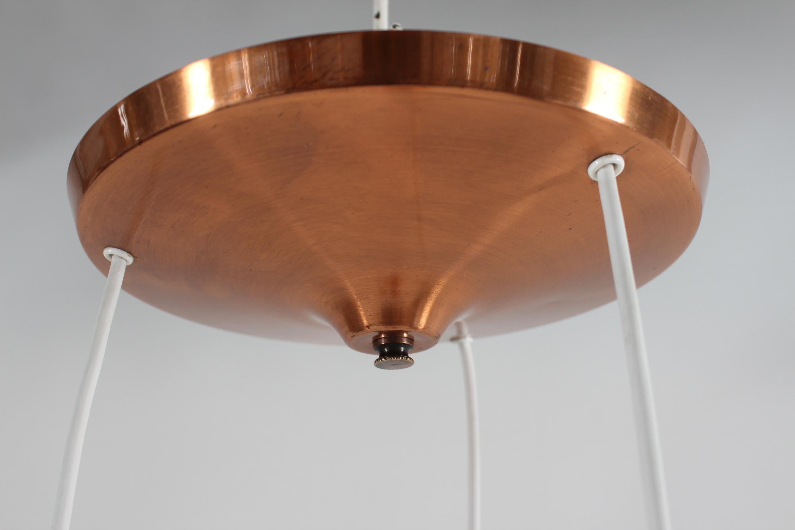 Mid-20th Century Bent Karlby 3-Cone Copper Chandelier with Canopy. Made by Lyfa in Denmark, 1950s For Sale