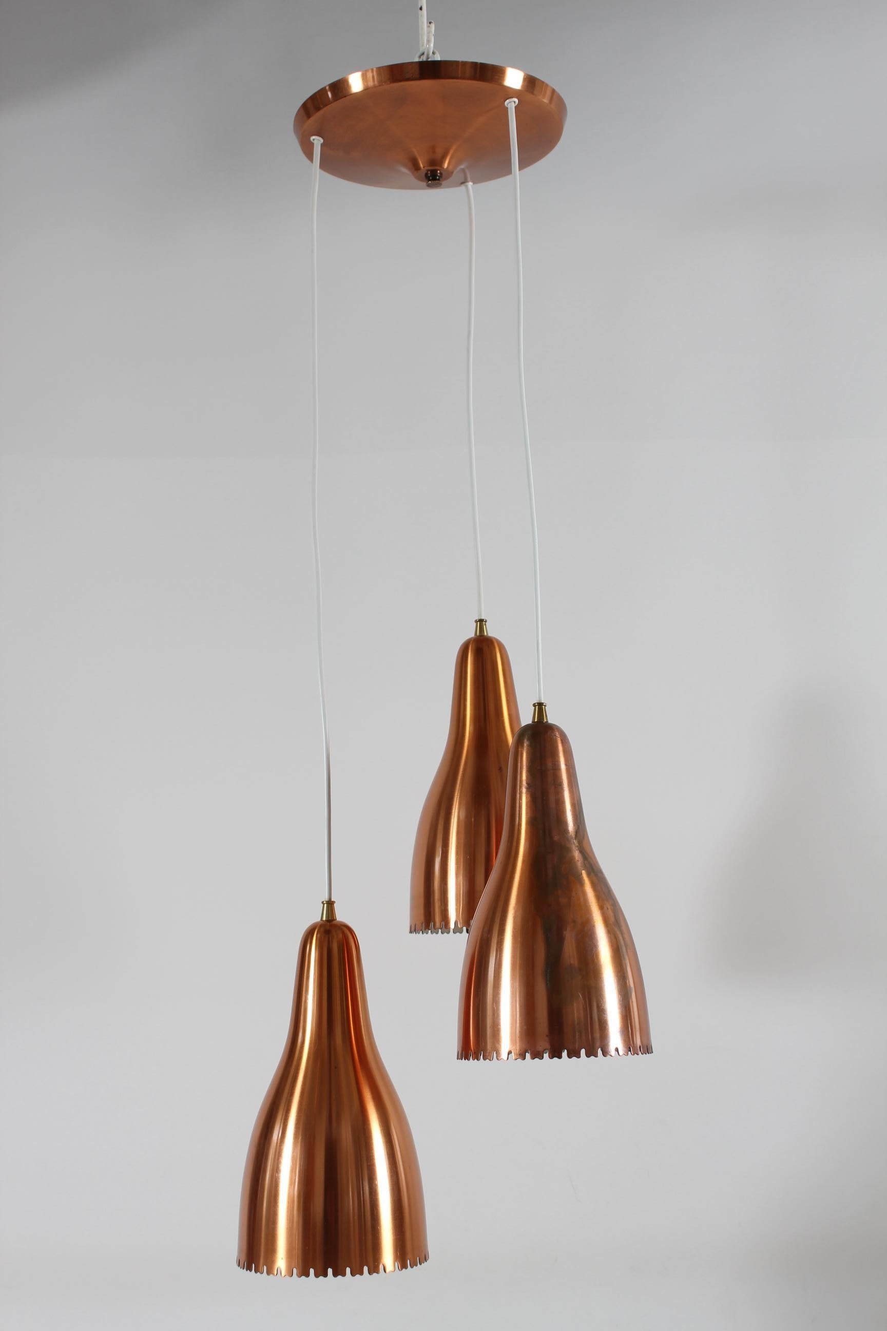 Metal Bent Karlby 3-Cone Copper Chandelier with Canopy. Made by Lyfa in Denmark, 1950s For Sale