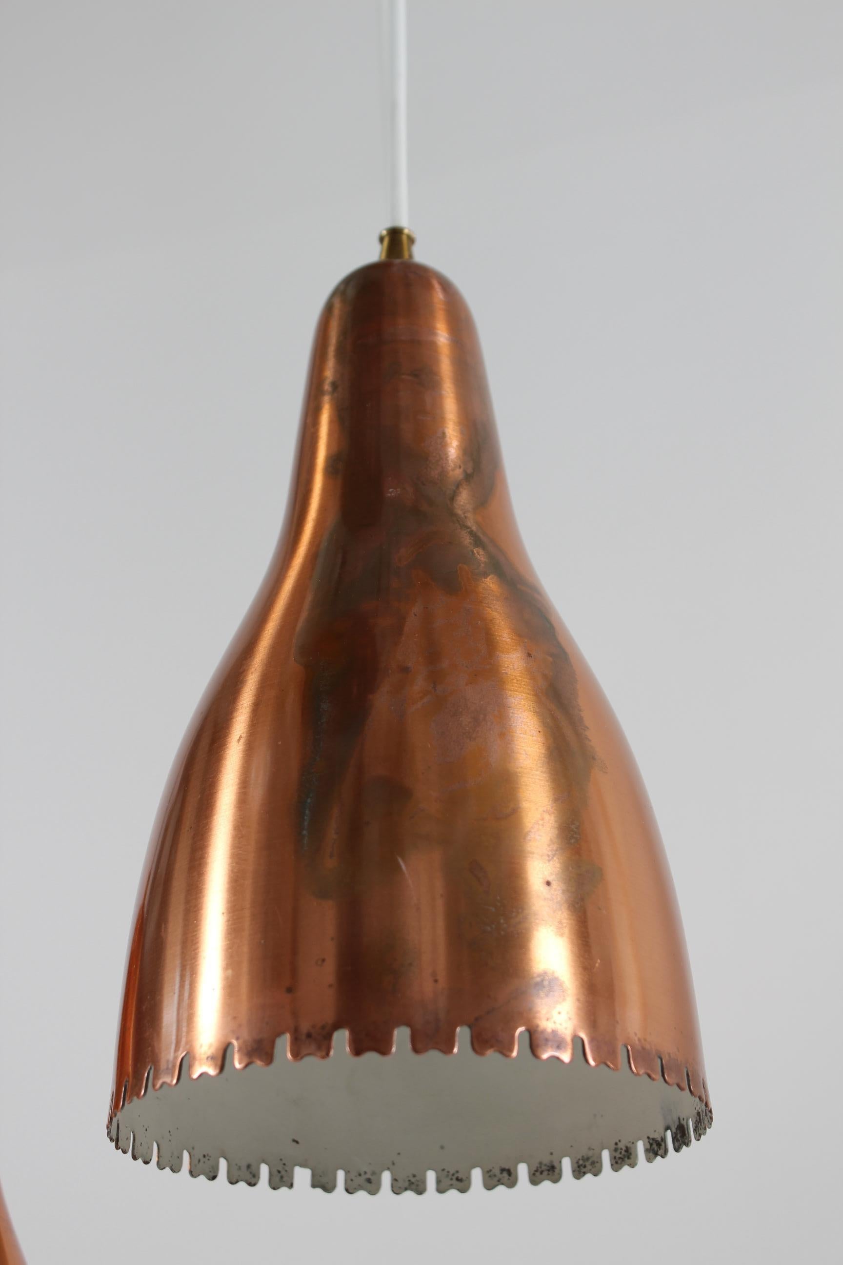 Bent Karlby 3-Cone Copper Chandelier with Canopy. Made by Lyfa in Denmark, 1950s For Sale 1