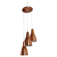 Bent Karlby 3-Cone Copper Chandelier with Canopy. Made by Lyfa in Denmark, 1950s