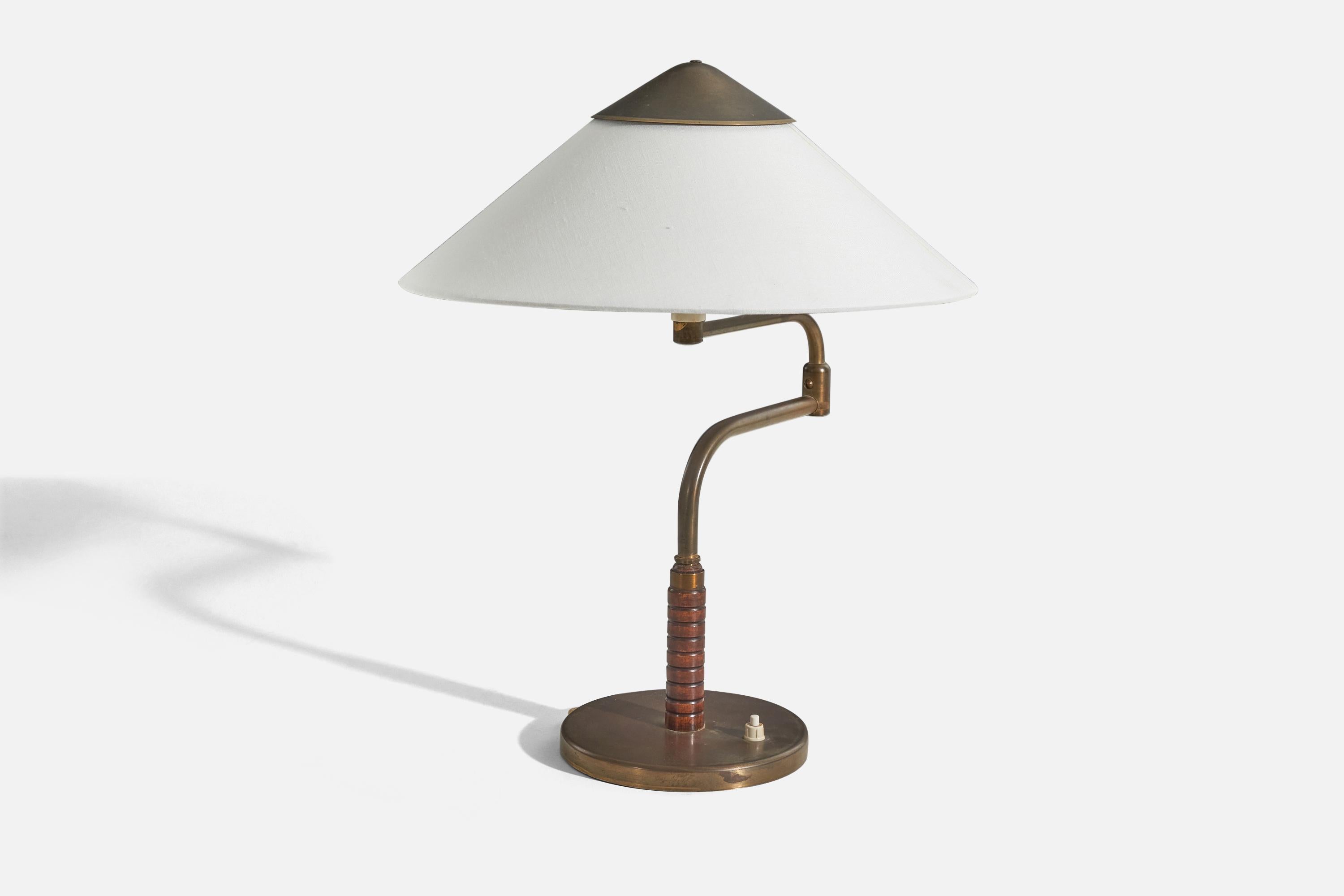 Danish Bent Karlby, Adjustable Table Lamp, Brass, Wood, Fabric, Denmark, 1940s