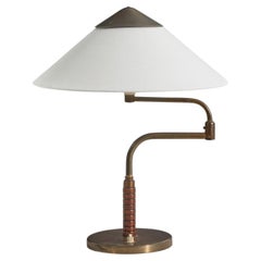 Bent Karlby, Adjustable Table Lamp, Brass, Wood, Fabric, Denmark, 1940s