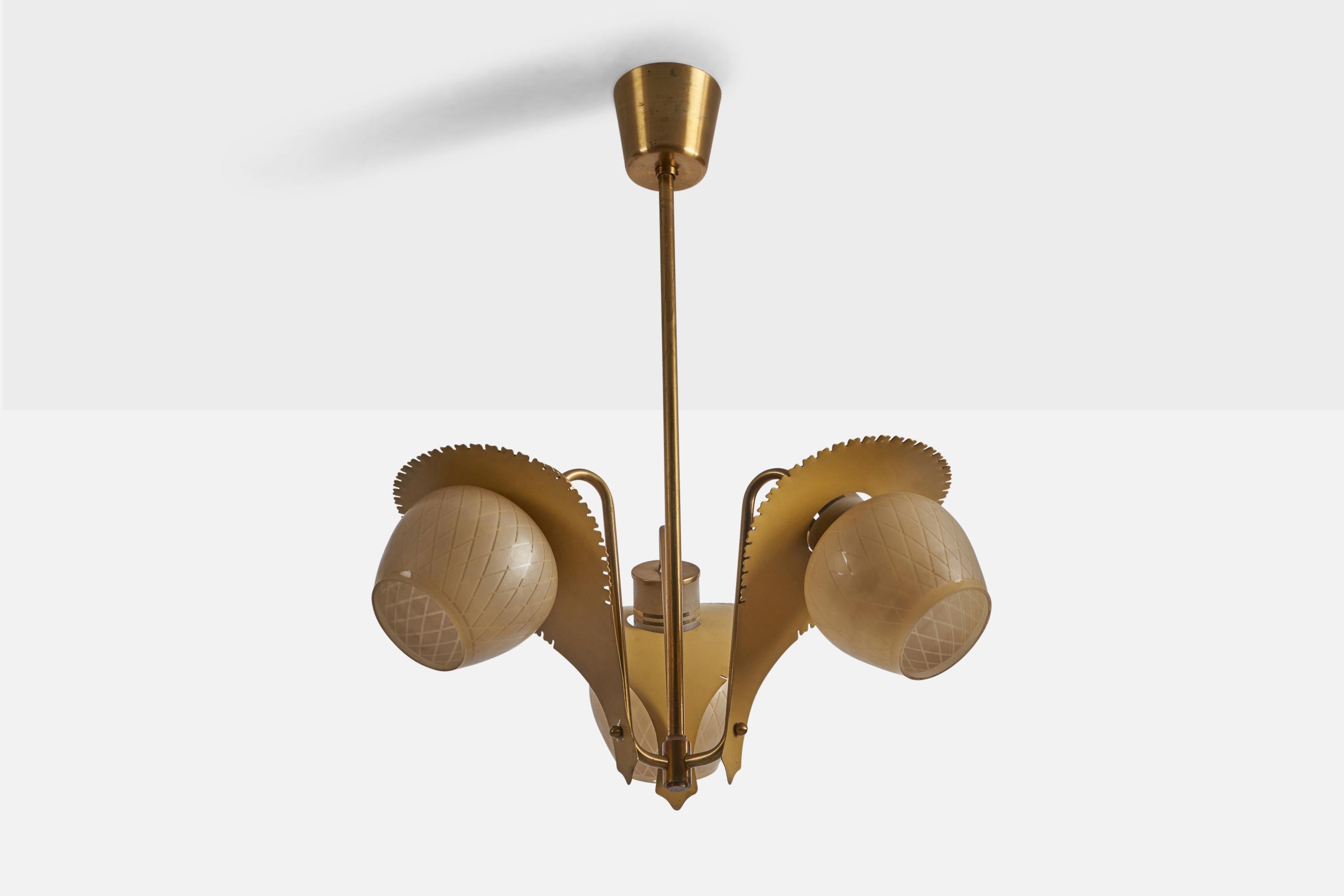A brass, yellow lacquered metal and etched glass chandelier, design attributed to Bent Karlby and presumably produced by Lyfa, Denmark, c. 1950s.

Overall Dimensions (inches): 25” H x 18” Diameter
Bulb Specifications: E-26 Bulb
Number of Sockets: 3