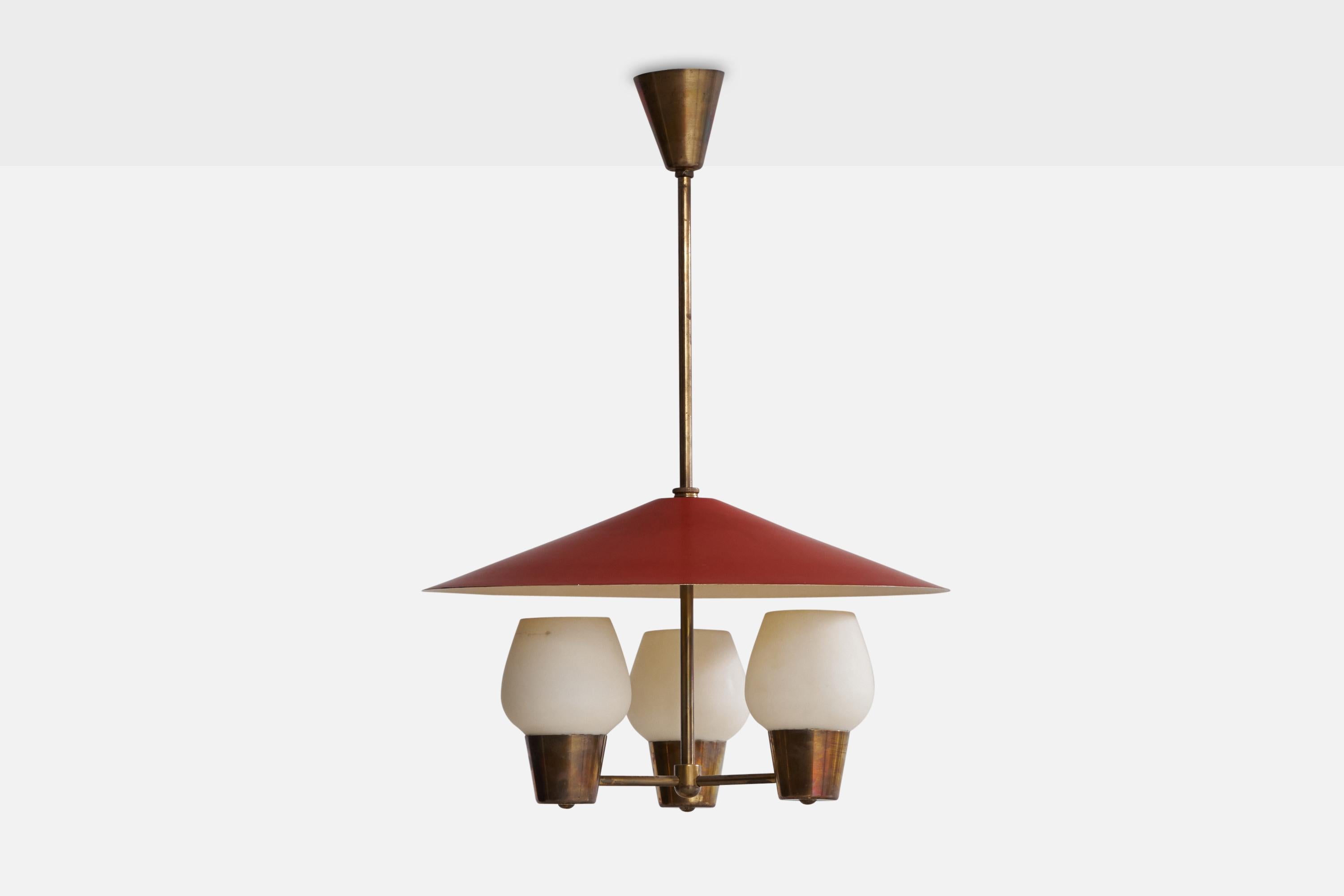 A brass, red-lacquered metal and opaline glass chandelier attributed to Bent Karlby for Lyfa, Denmark, 1950s.

Dimensions of canopy (inches): 3.78” H x 3.38” Diameter
Socket takes standard E-26 bulbs. 3 sockets.There is no maximum wattage stated on