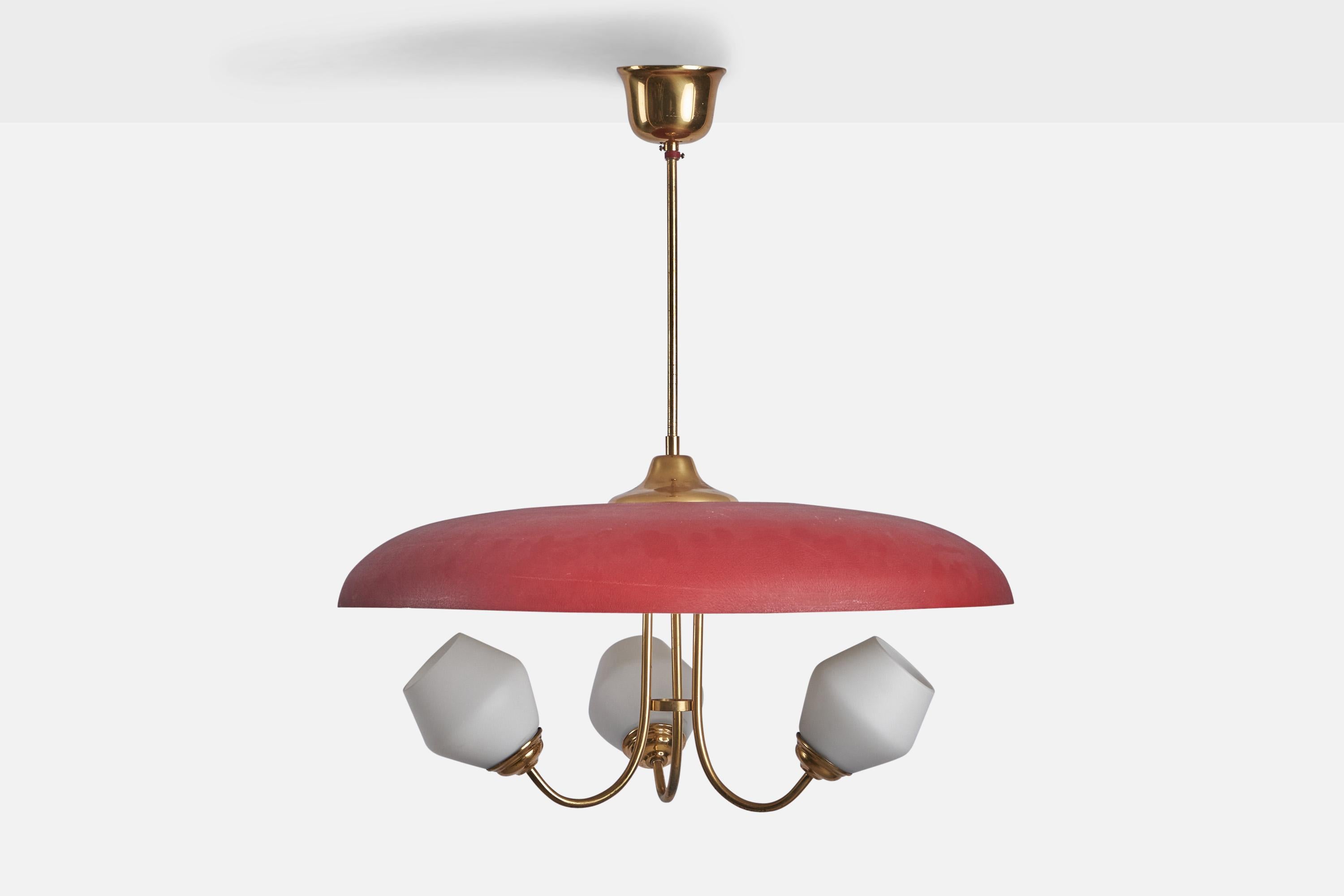 A brass, red-lacquered and opaline glass chandelier designed by Bent Karlby and produced by Lyfa, Denmark, 1950s.

Overall Dimensions (inches): 27” H x 24” Diameter

Bulb Specifications: E-26 Bulb

Number of Sockets: 3