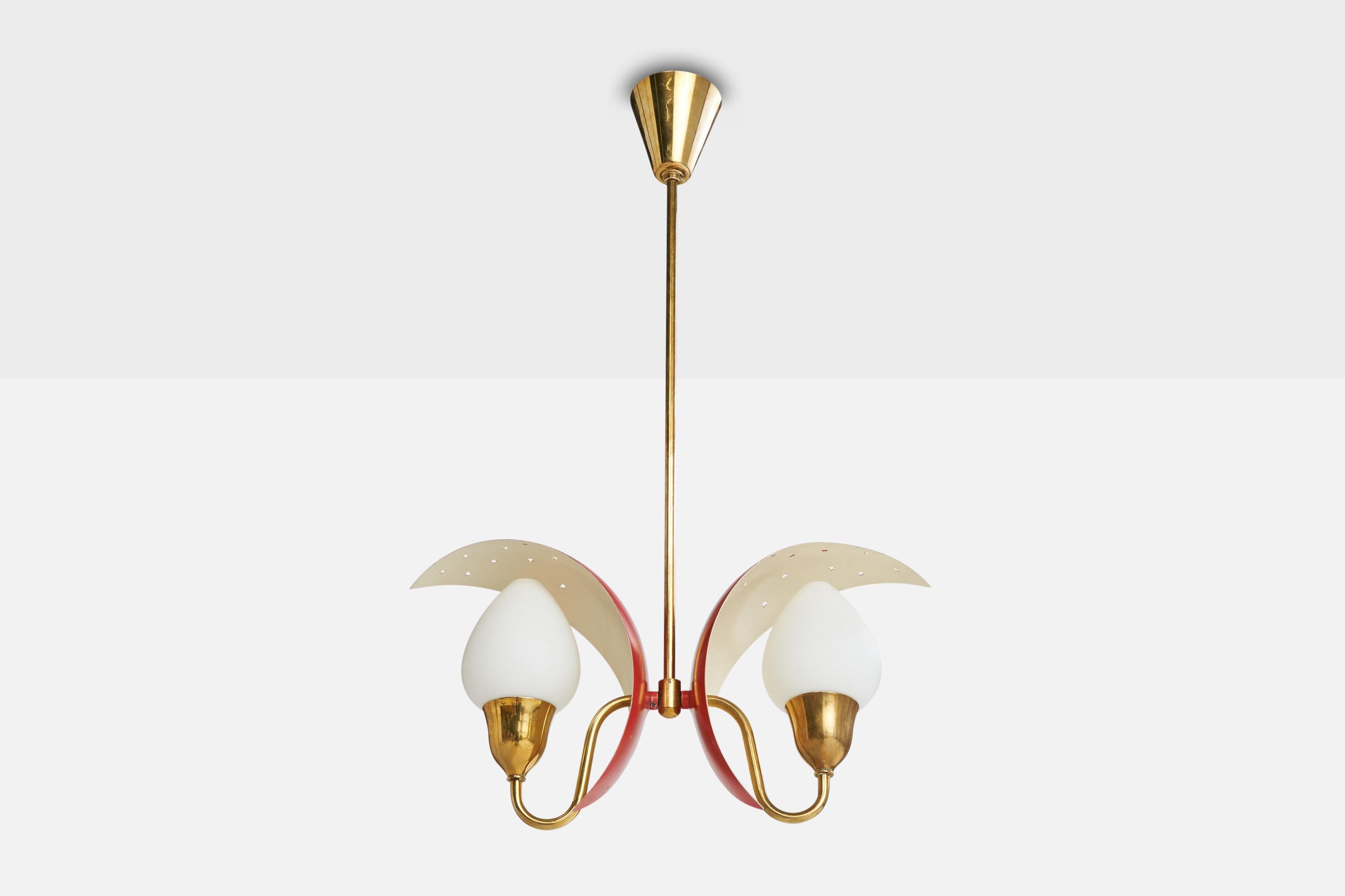 A brass, red-lacquered metal and white opaline glass chandelier designed by Bent Karlby and produced by Lyfa, Denmark, 1950s.

Overall Dimensions (inches): 28.5” H x 17.5” W x 5.25” Diameter

Dimensions of Canopy: 3.65“ H x 3.4” Diameter 

Stem