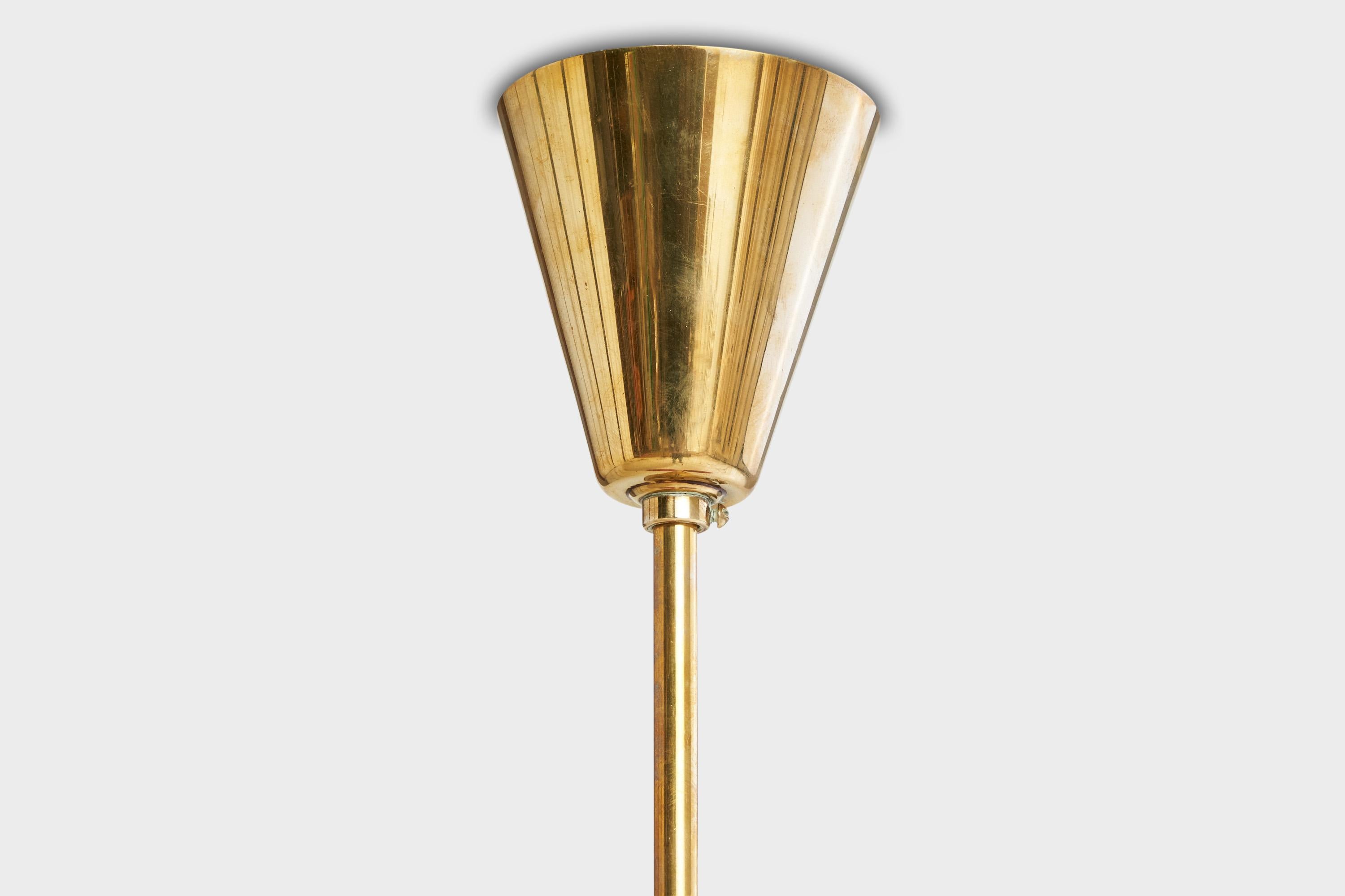 Mid-20th Century Bent Karlby, Chandelier, Brass, Metal, Glass, Denmark, 1950s For Sale