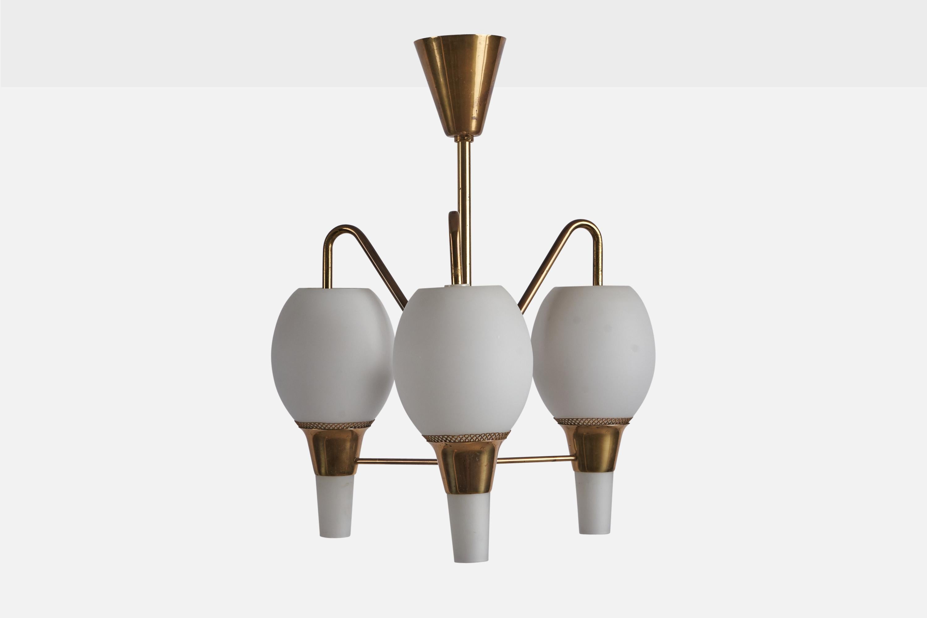 A brass and blue-lacquered metal chandelier designed by Bent Karlby and produced by Lyfa, Denmark, 1960s.

Overall Dimensions (inches): 19” H x 15” Diameter
Bulb Specifications: E-26 Bulb
Number of Sockets: 3