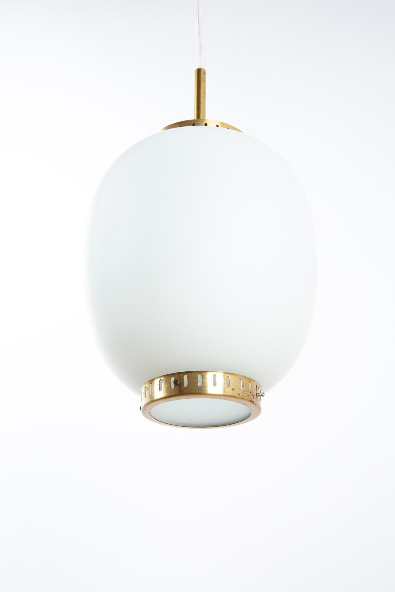 Swedish Bent Karlby Lampion of Milk Glass and Brass, Scandinavian Modern Pendant Lamp