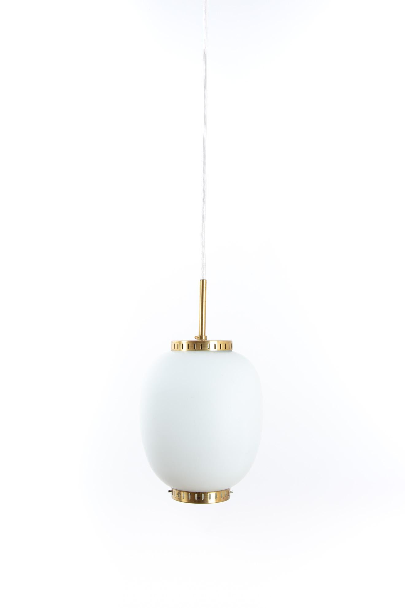 Mid-20th Century Bent Karlby Lampion of Milk Glass and Brass, Scandinavian Modern Pendant Lamp