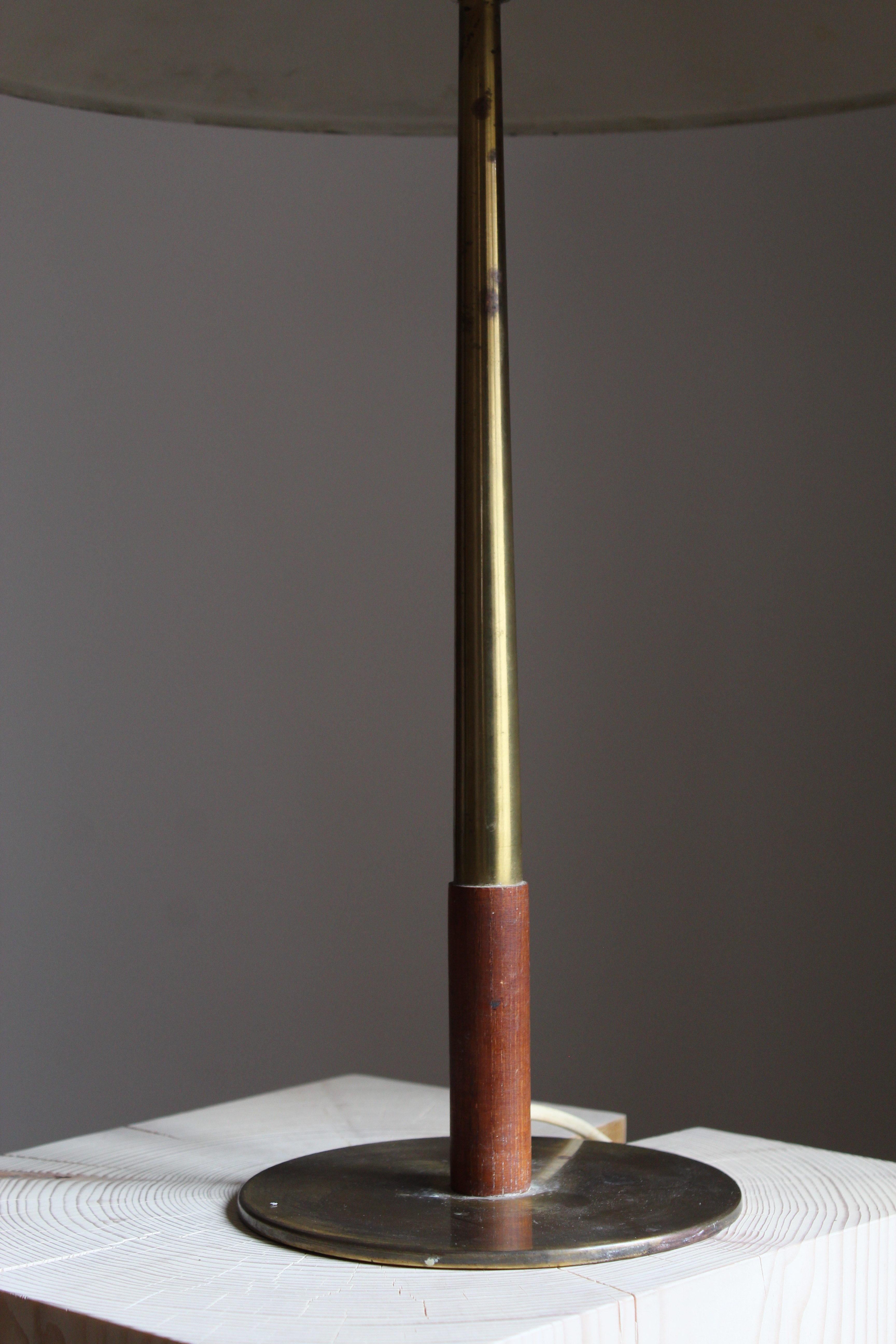 Mid-Century Modern Bent Karlby, Modernist Table Lamp, Brass, Stained Wood, Lyfa, Denmark, 1950s