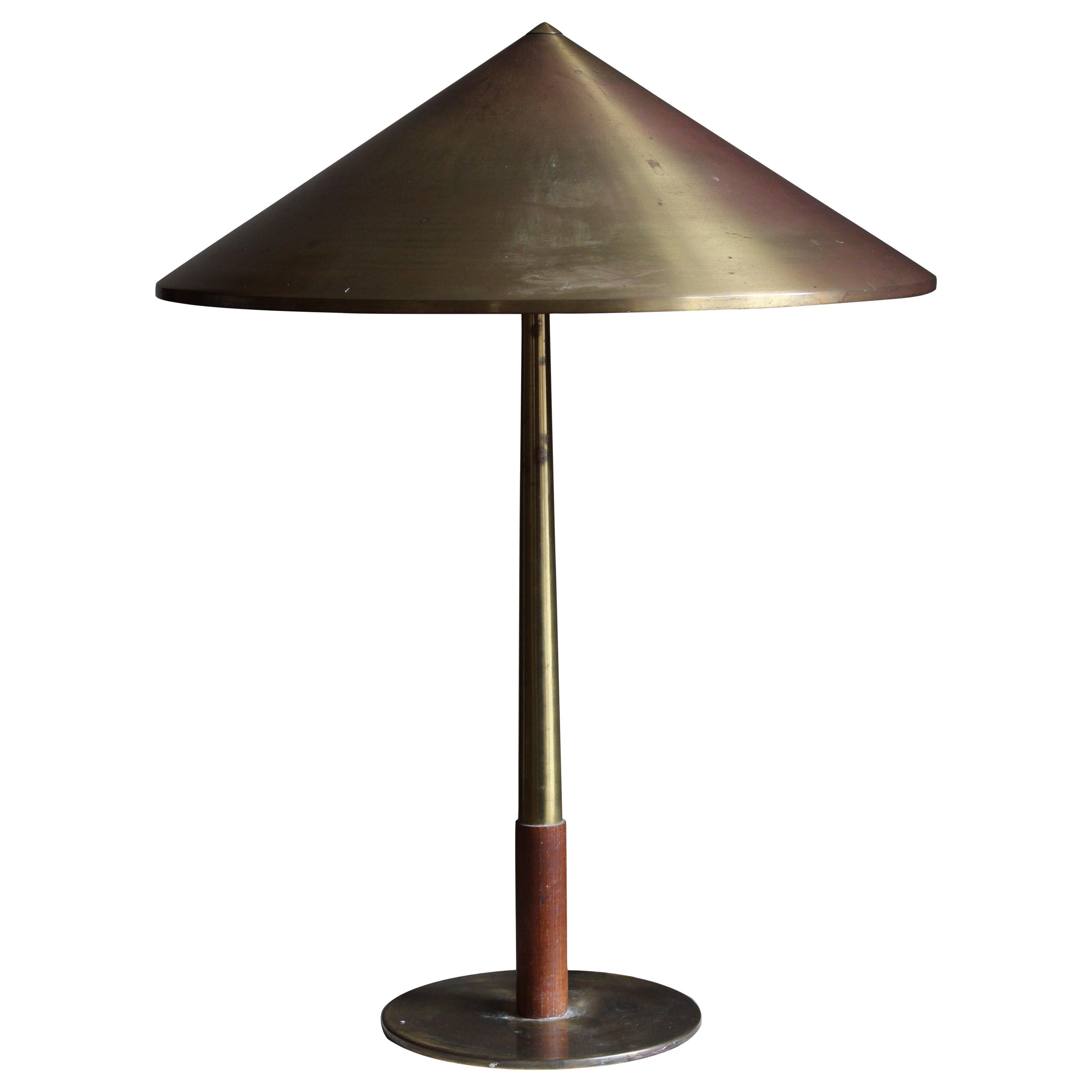 Bent Karlby, Modernist Table Lamp, Brass, Stained Wood, Lyfa, Denmark, 1950s
