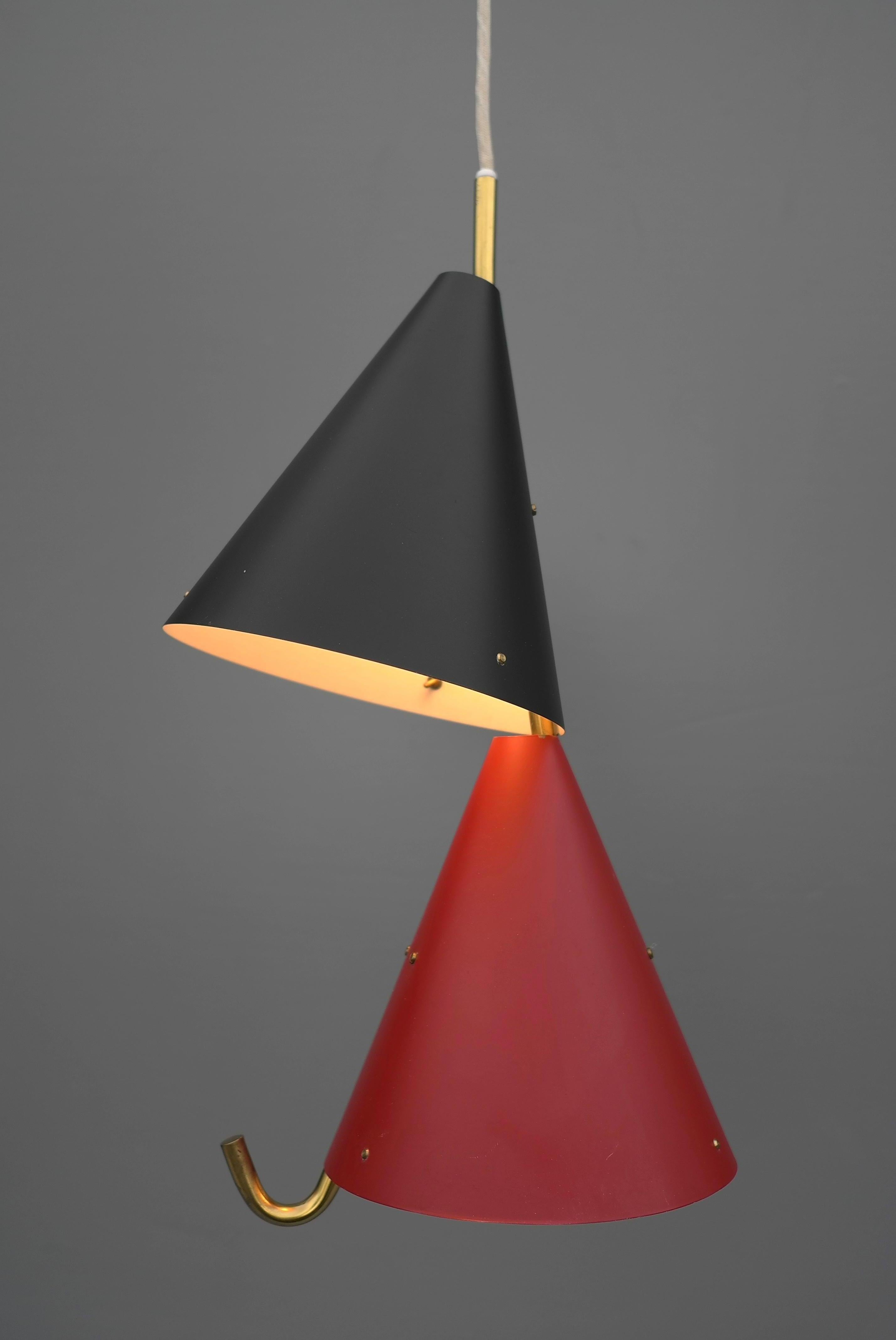 Metal Bent Karlby Red and Black New Old Stock Lyfa Pendant Lamp, Denmark, 1955 For Sale