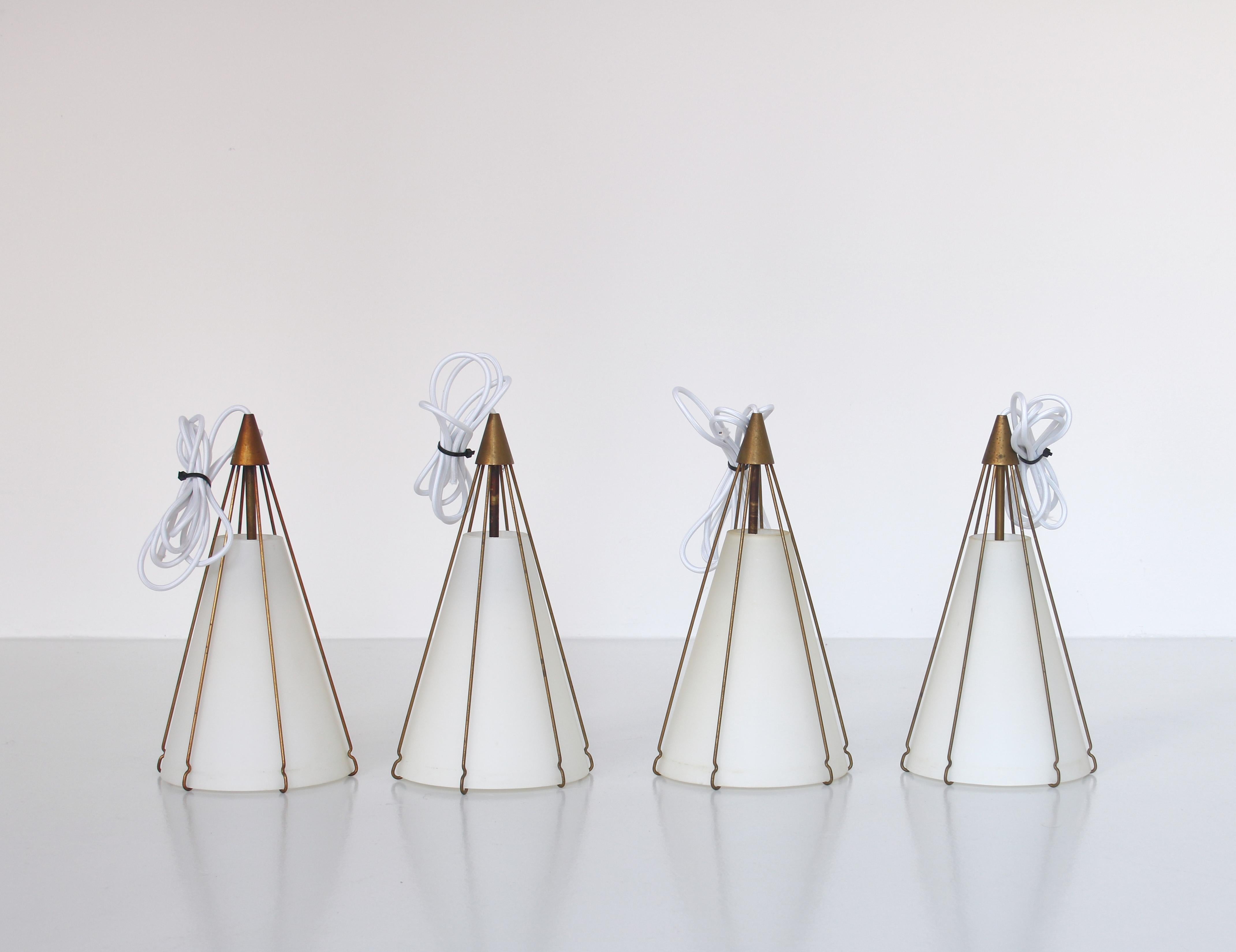 Bent Karlby Set of 4 Pendants in Opaline Glass and Brass, LYFA, 1950s In Good Condition In Odense, DK
