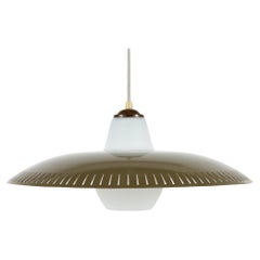 Bent Karlby Style Metal Pendant with Perforated Pattern and Opaline Glass 1950s