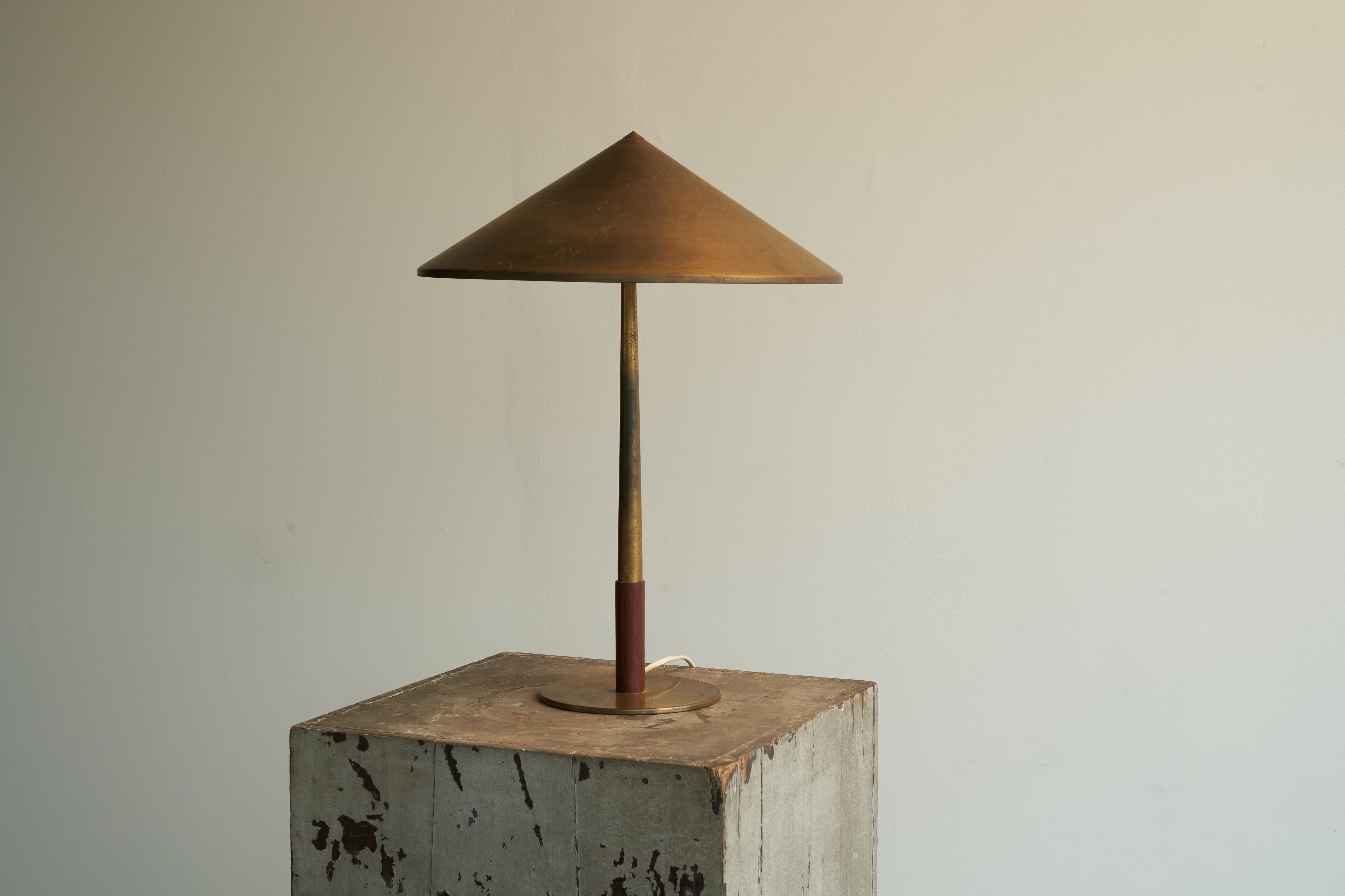 Bent Karlby Table Lamp in Patinated Brass and Teak for Lyfa 1950s 2