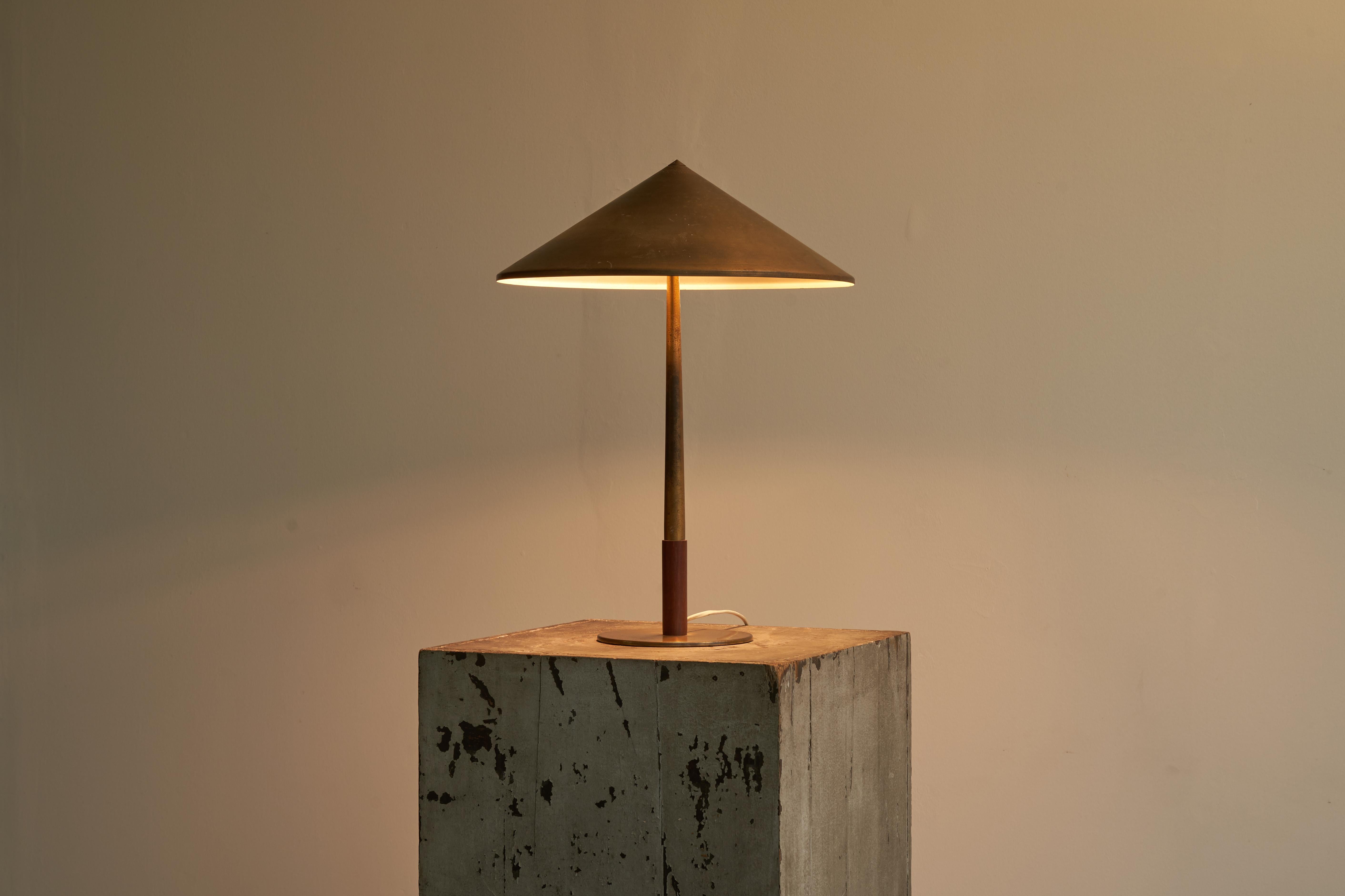 Mid-Century Modern Bent Karlby Table Lamp in Patinated Brass and Teak for Lyfa 1950s