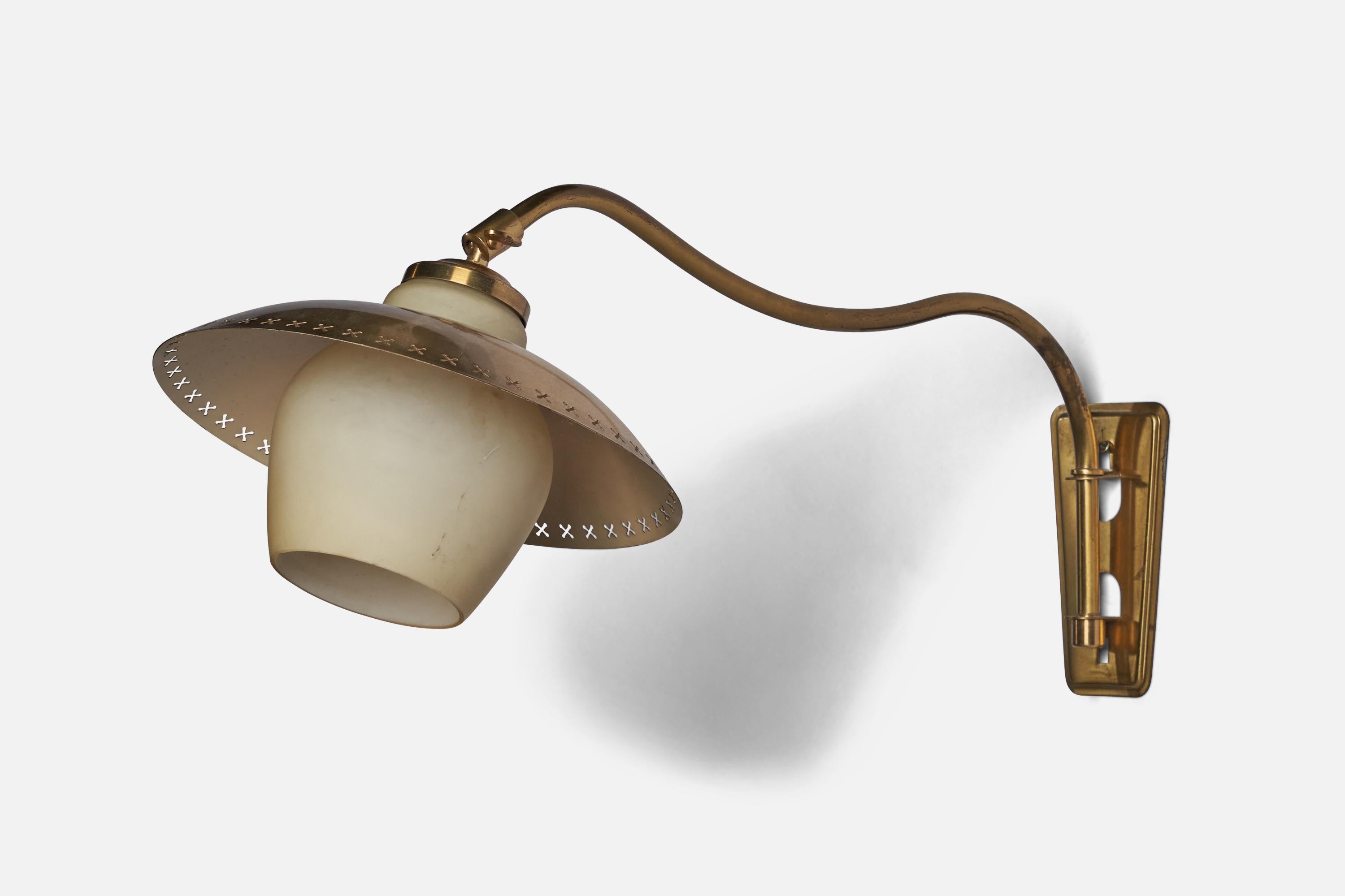 A brass and opaline glass wall light attributed to Bent Karlby for Lyfa, c. 1950s.

Overall Dimensions (inches): 9.25” H x 9” W x 19” D
Back Plate Dimensions (inches): 5.5” H x 3” W
Bulb Specifications: E-26 Bulb
Number of Sockets: 1
All lighting