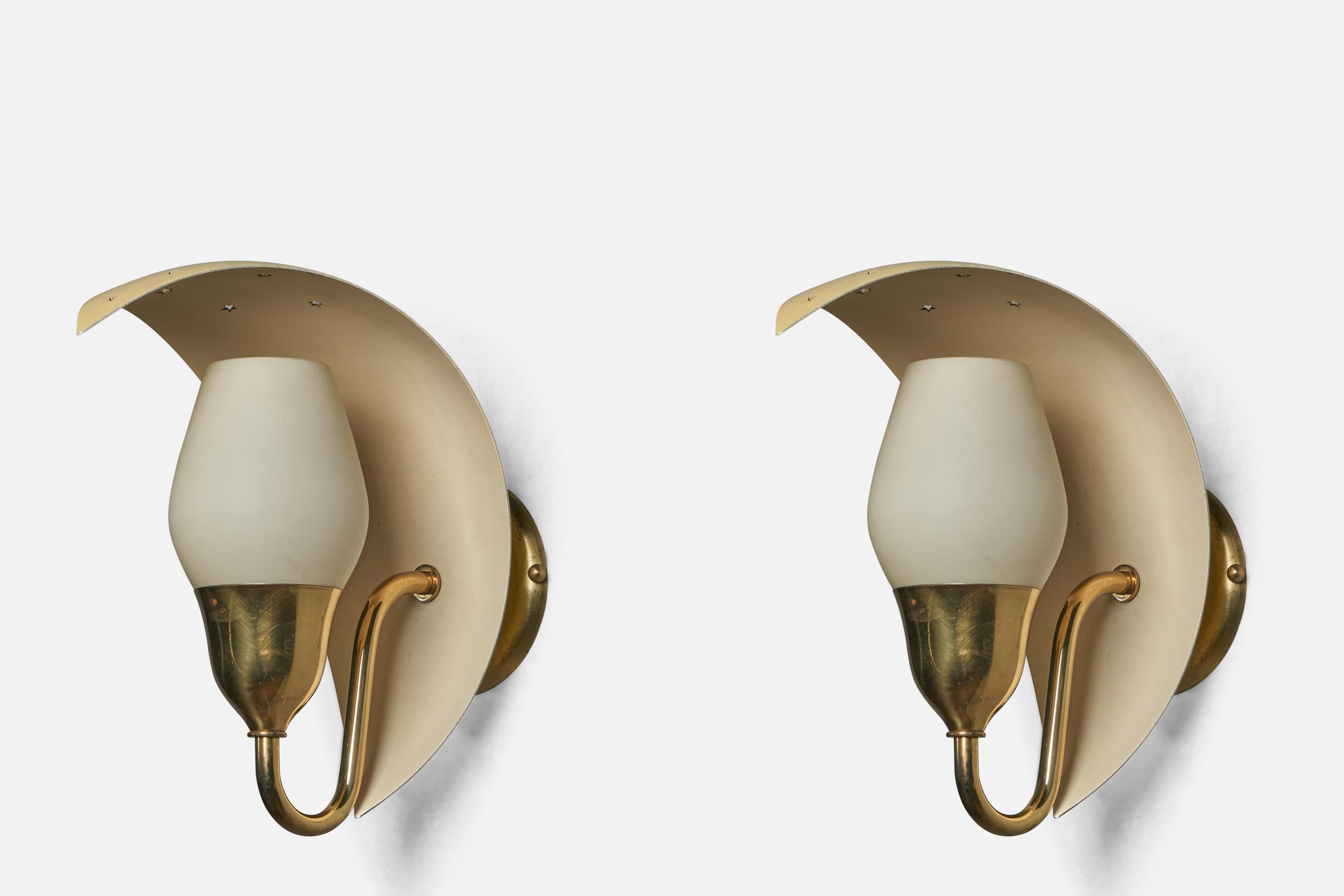 A pair of brass, yellow beige lacquered metal and opaline glass wall lights designed by Bent Karlby and produced by Lyfa, Denmark, 1960s.

Overall Dimensions (inches): 9.25” H x 5.25” W x 8.75” D
Back Plate Dimensions (inches): 3.75” Diameter x