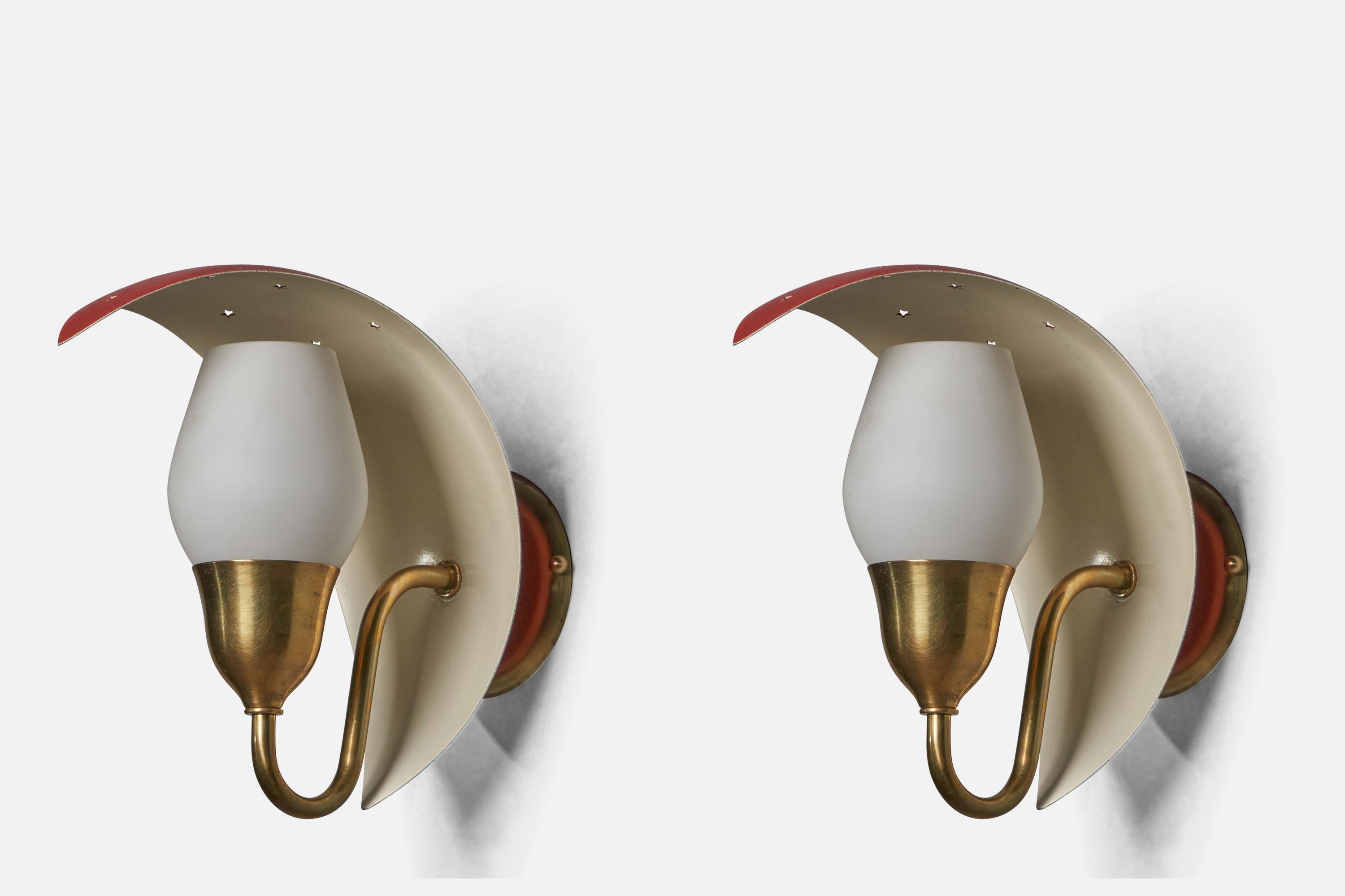 A pair of brass, red beige lacquered metal and opaline glass wall lights, designed by Bent Karlby and produced by Lyfa, Denmark, c. 1960s.

Overall Dimensions (inches): 9.25” H x 5.25” W x 8.75” D
Back Plate Dimensions (inches): 3.75” Diameter x