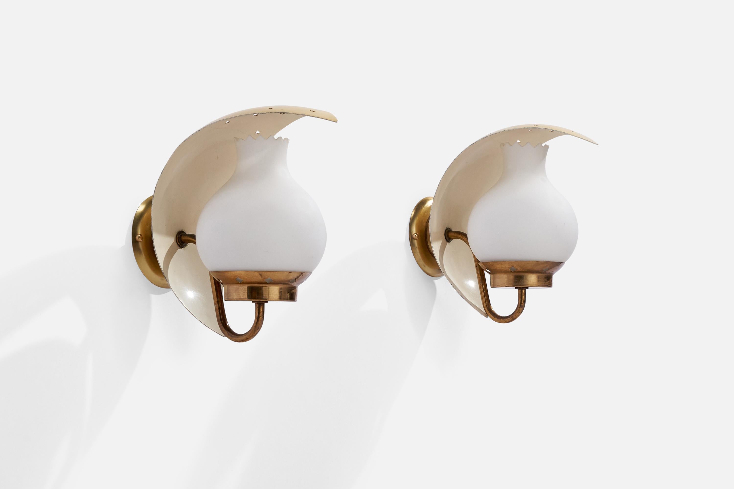 A pair of brass, yellow beige lacquered metal and opaline glass wall lights designed by Bent Karlby and produced by Lyfa, Denmark, 1960s.

Overall Dimensions (inches): 8”  H x 5” W x 9” D
Back Plate Dimensions (inches): 3.75” H x 3.75” W x .75”