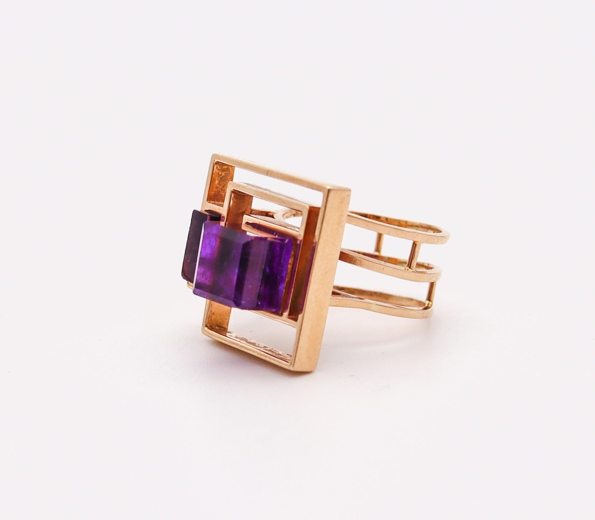 Square Cut BENT KNUDSEN 1970 Geometric Ring In 14Kt Yellow Gold With Cubist Amethysts For Sale