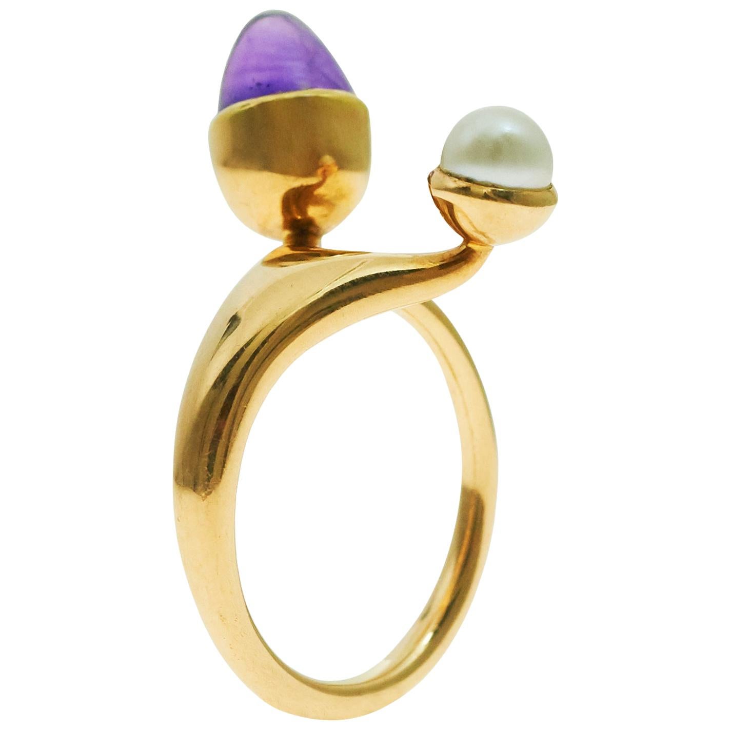 Bent Knudsen Amethyst, Pearl and Gold Ring, circa 1970s