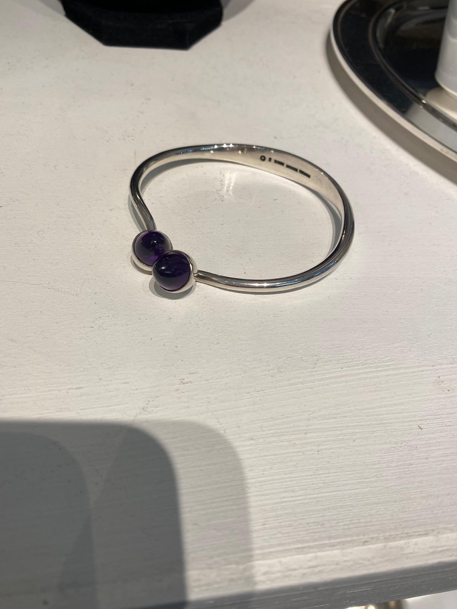 Women's Bent Knudsen Sterling Silver Bangle with Amethyst Bullet Cabuchon For Sale