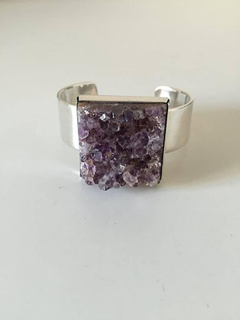 Bent Knudsen Sterling Silver Bracelet with Amethyst #173. Measures 5.7 cm / 2 1/4 in. Can easily be expanded. In good condition. Weighs 76.6 g / 2.70 oz