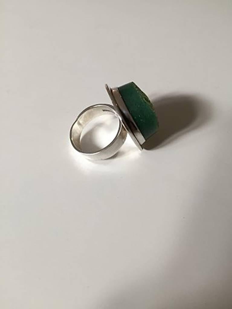 Modern Bent Knudsen Sterling Silver Ring with Green Stone For Sale