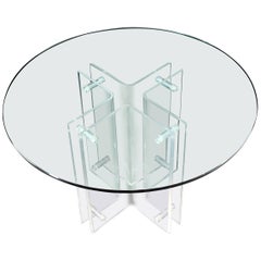 Bent Lucite Cross Shape Base Round Gueridon Centre Dining Table