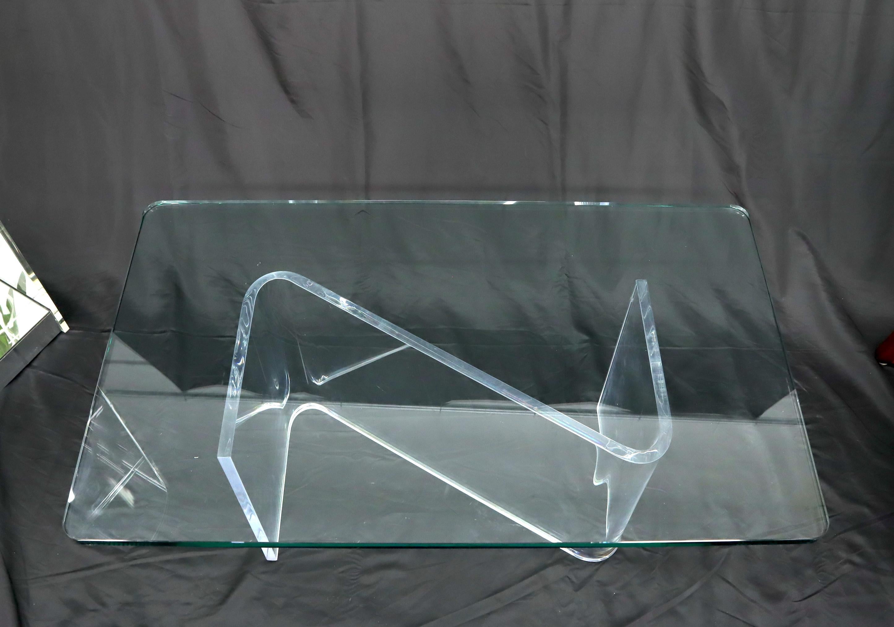 American Bent Lucite Z-Shape Base Thick Glass Top Coffee Table For Sale
