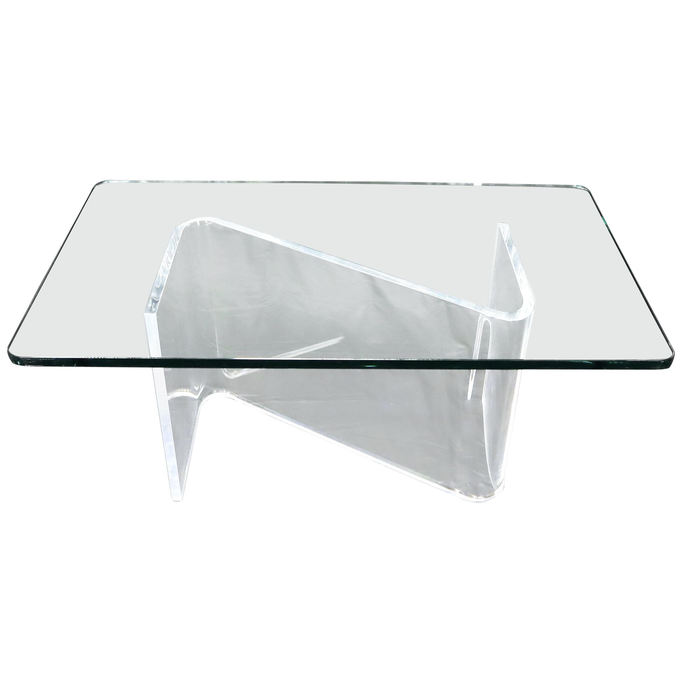 Bent Lucite Z-Shape Base Thick Glass Top Coffee Table