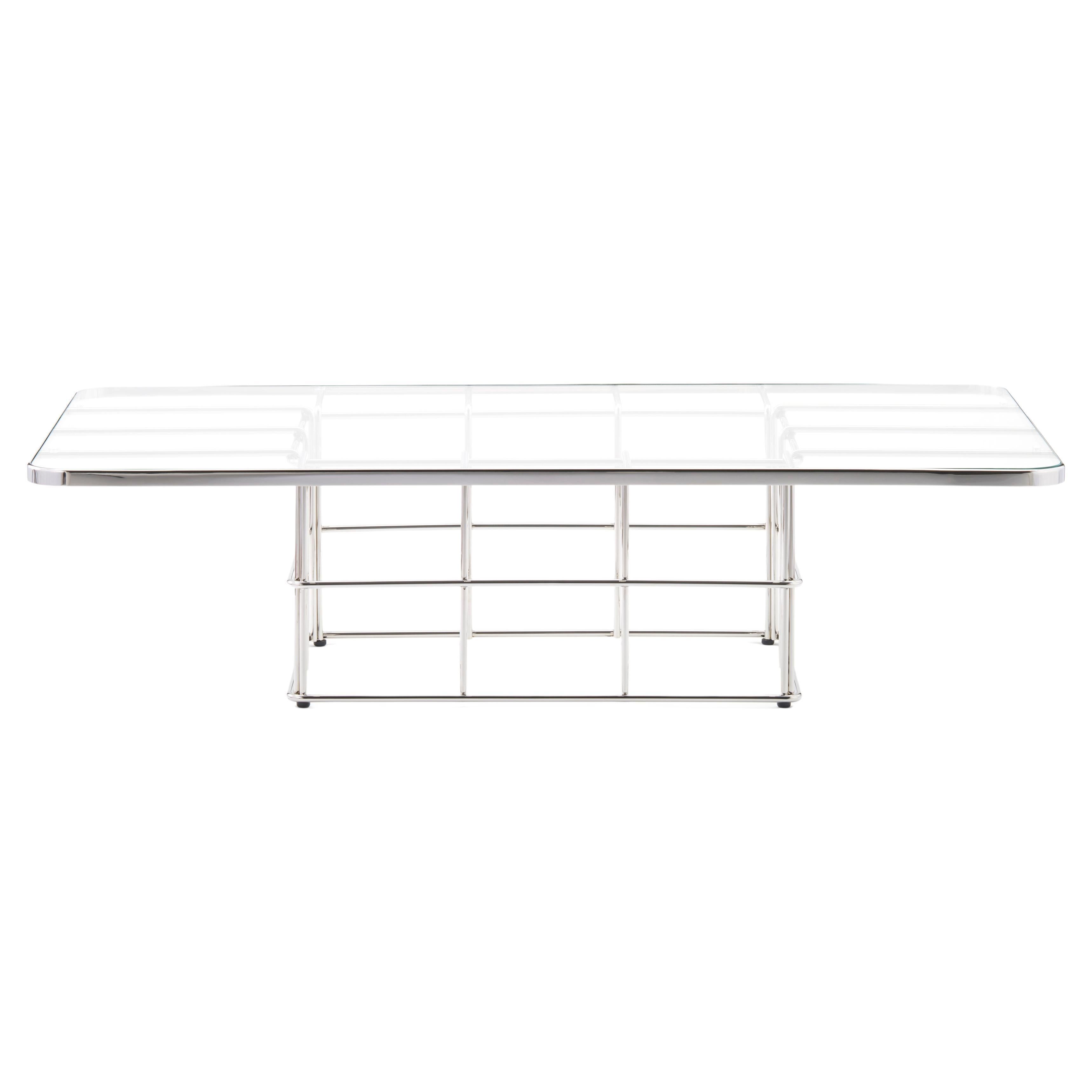 Bent Metal Table Rectangle, Stainless Steel and Glass Coffee Table For Sale