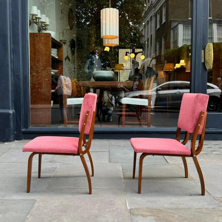 Bent Oak & Pink Cord Chairs, Dřevopodnik Holešov, Czechia, 1970s For Sale 5