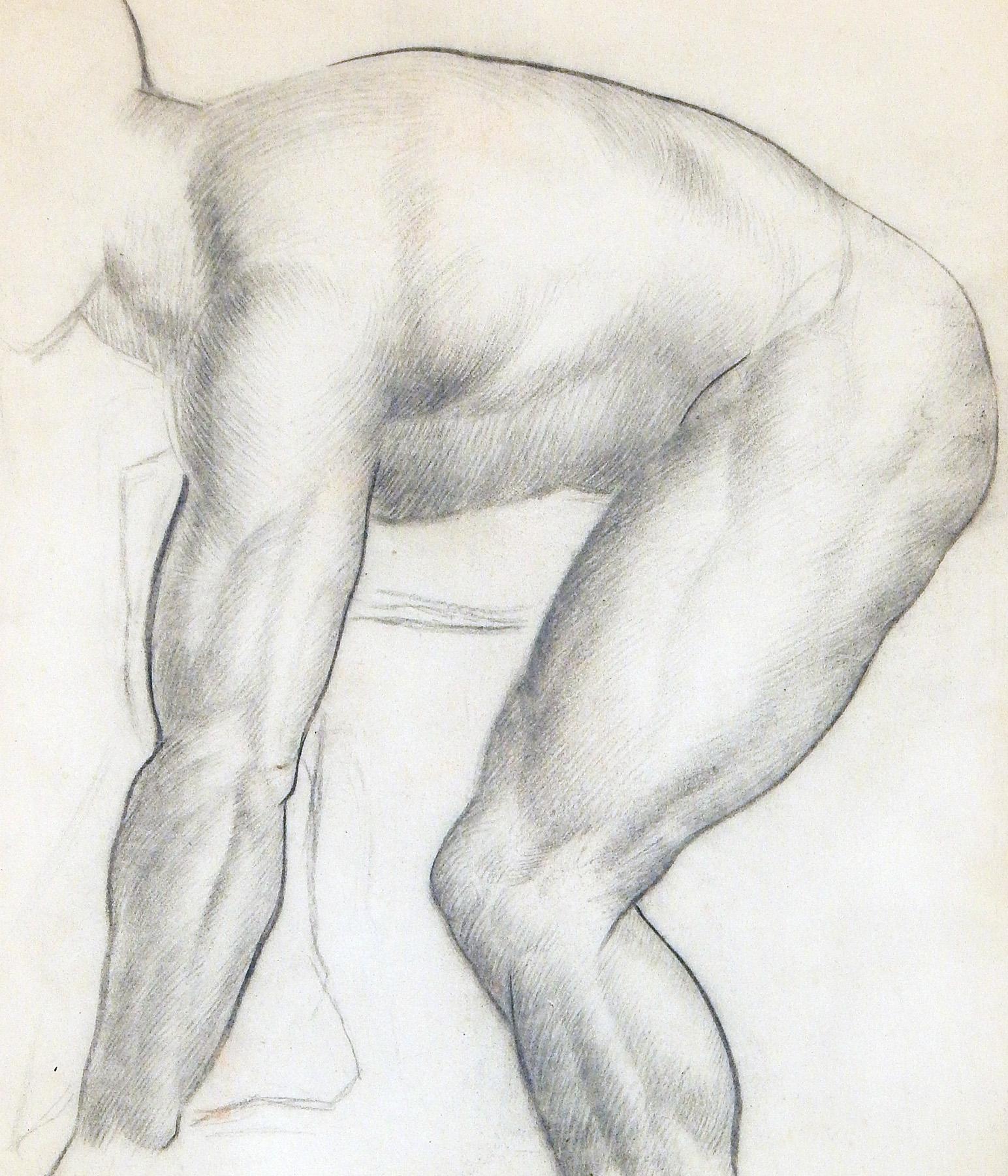 Finely detailed and beautifully drawn, this depiction of a nude male figure in a bent over position focuses on the arm, leg and torso of the figure, executed in pencil on artist board. The artist was probably Paul Zimmerman, who grew up in Ohio and