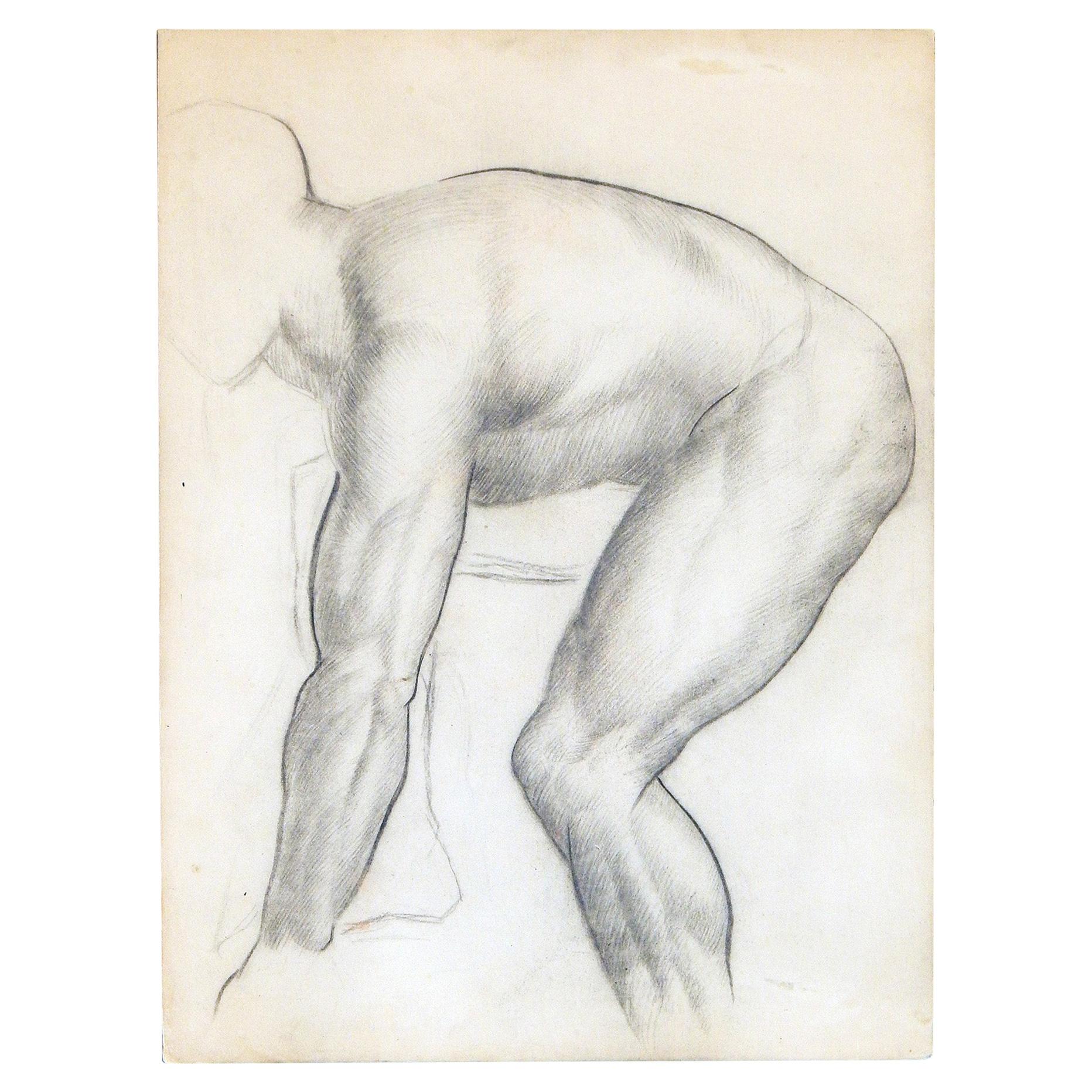 "Bent Over, " Finely Detailed Drawing of Nude Male Figure by Zimmerman