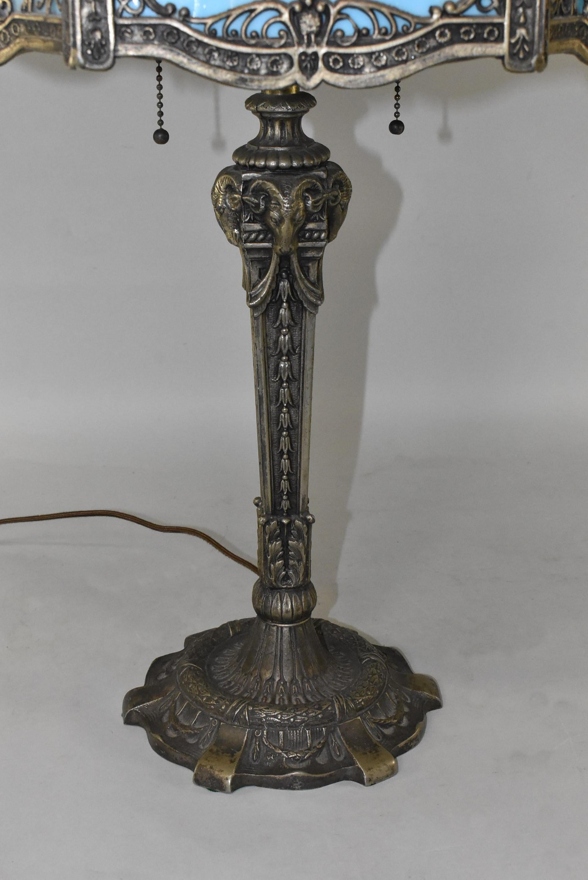 Art Nouveau Bent Panel Slag Glass Table Lamp by Empire Lamp Co. Hubbell Sockets