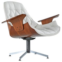 Bent Ply Horn Tip White Leather Lounge Chair in the Style of George Mulhauser