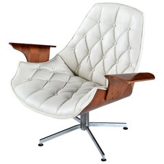 Bent Ply Horn Tip White Leather Lounge Chair in the Style of George Mulhauser