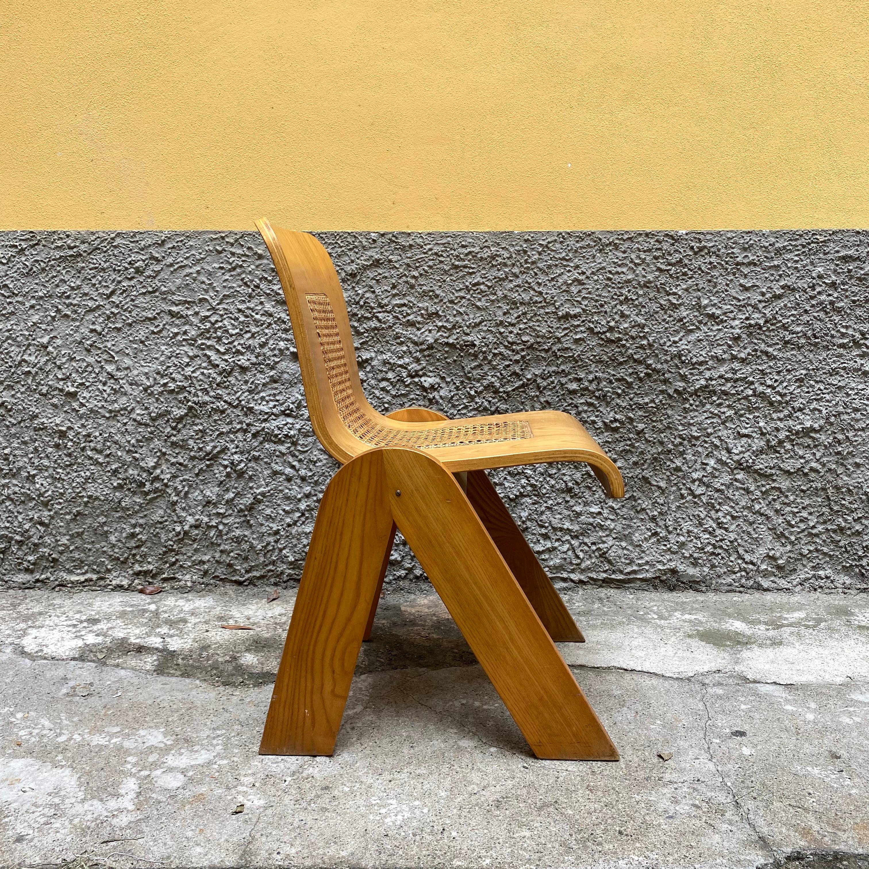 Italian Bent plywood and straw chair, Gigi Sabadin for Stilwood, 1970s For Sale