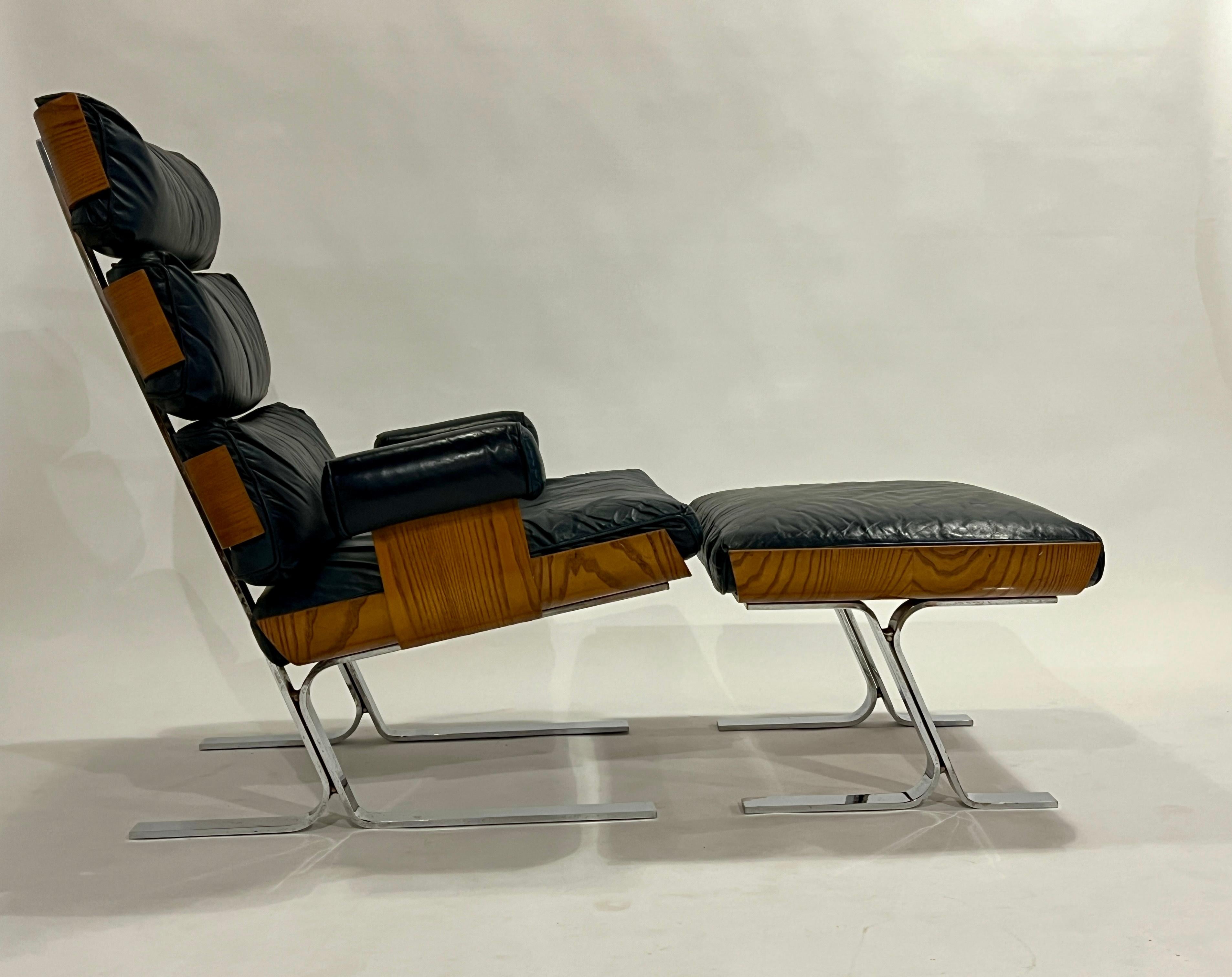 Mid-Century Modern Bent Plywood, Chrome and Navy Leather Chair and Ottoman For Sale