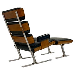 Retro Bent Plywood, Chrome and Navy Leather Chair and Ottoman