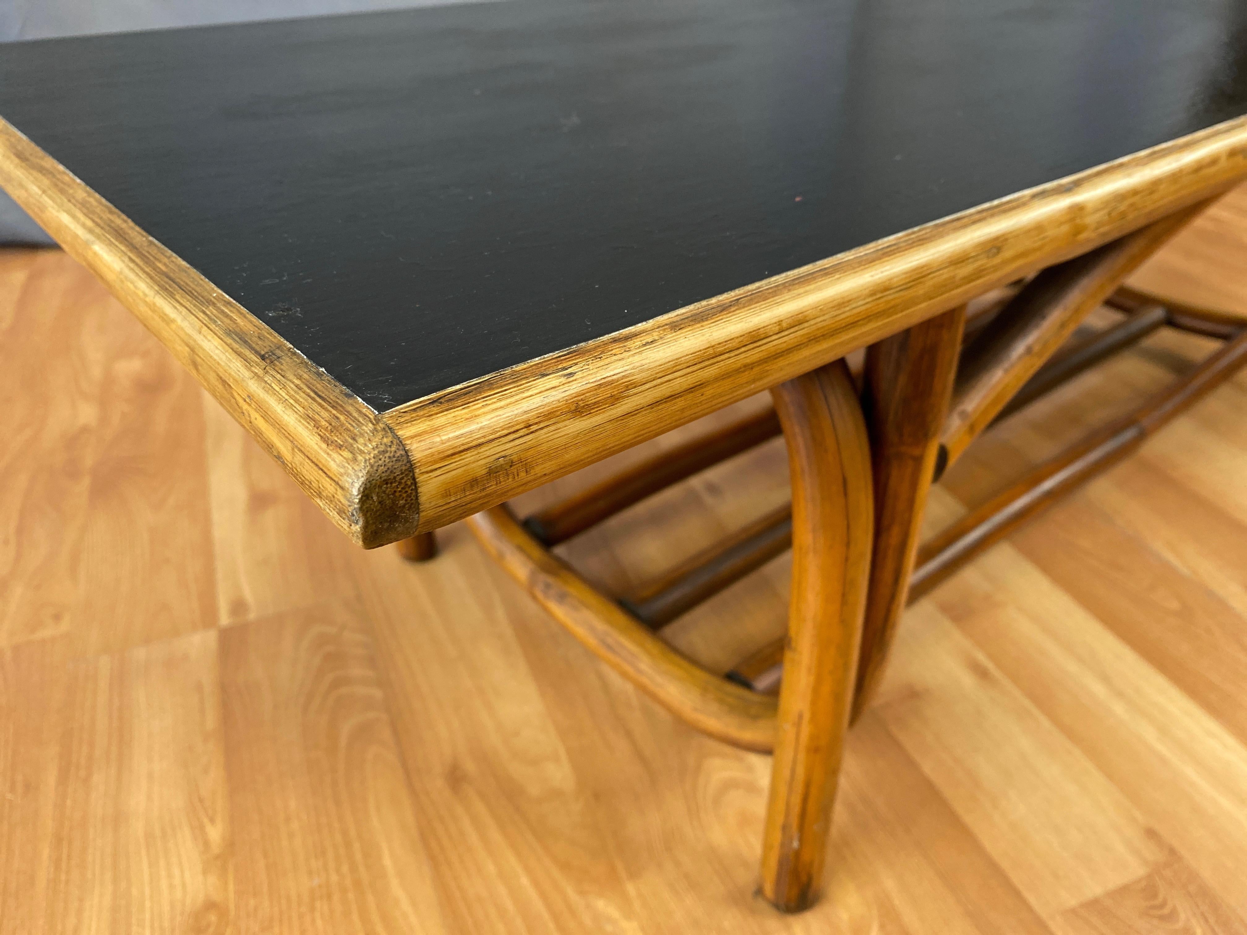 Bent Rattan Coffee Table with Black Lacquered Top, 1950s 3